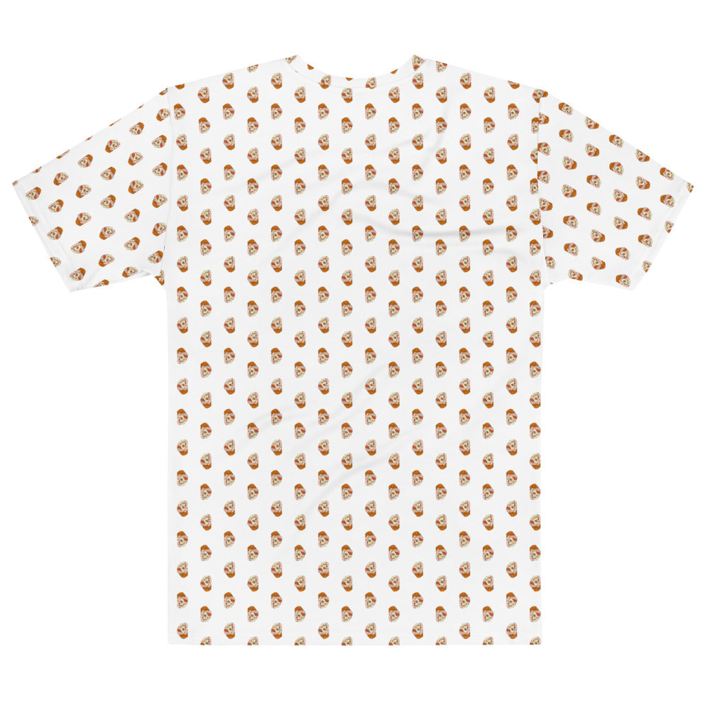 Patterned t-shirt featuring a repeating design of stylized faces on a white background.