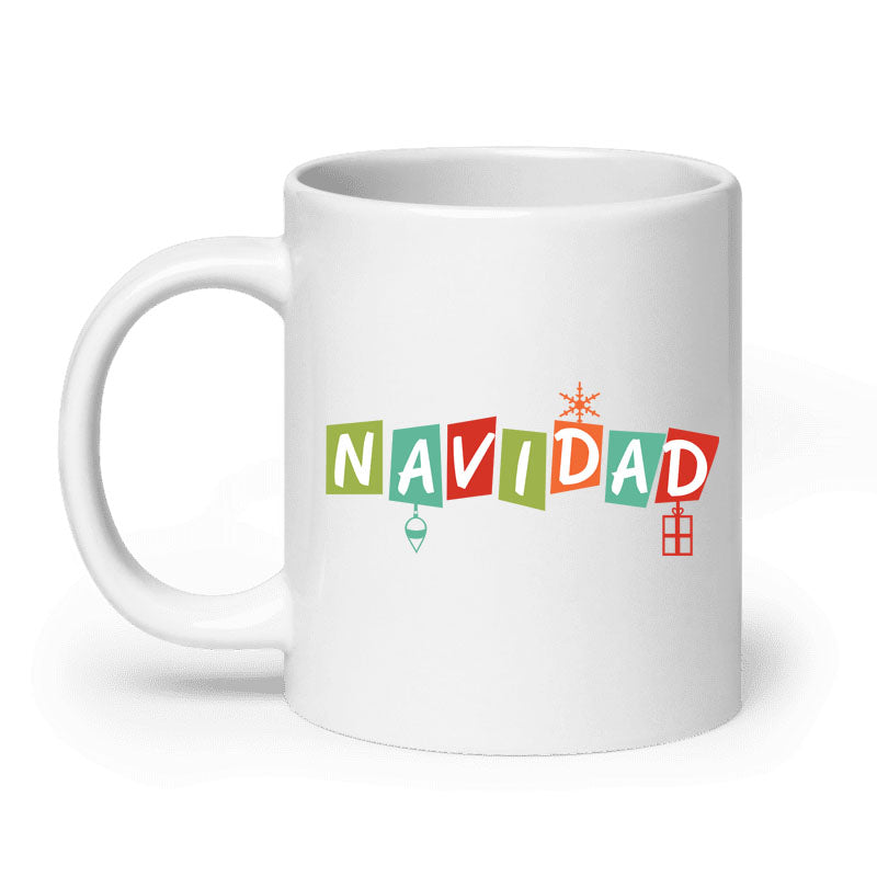 White mug with 'Navidad' in colorful letters on a white background