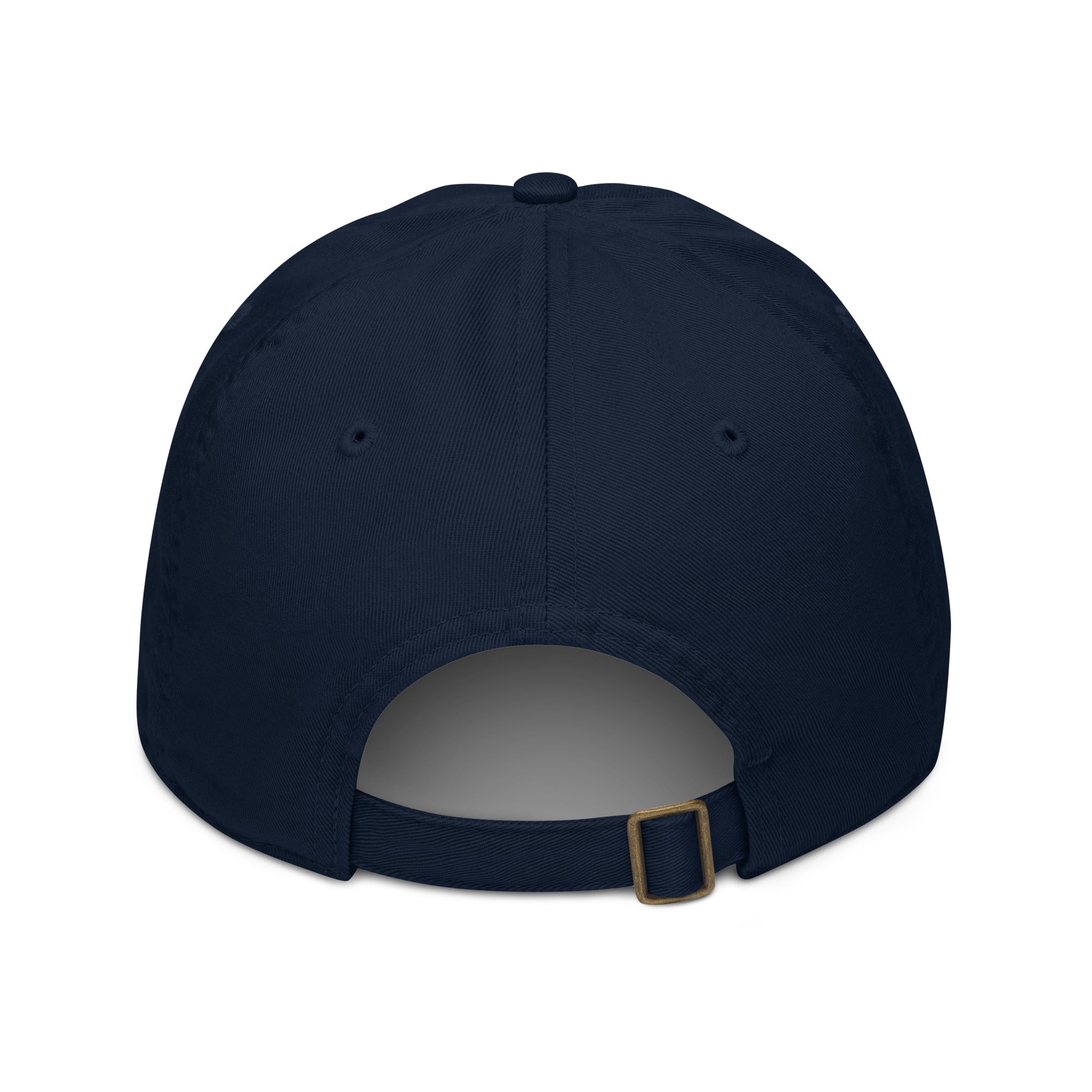 Navy blue cap with a gold buckle on a white background