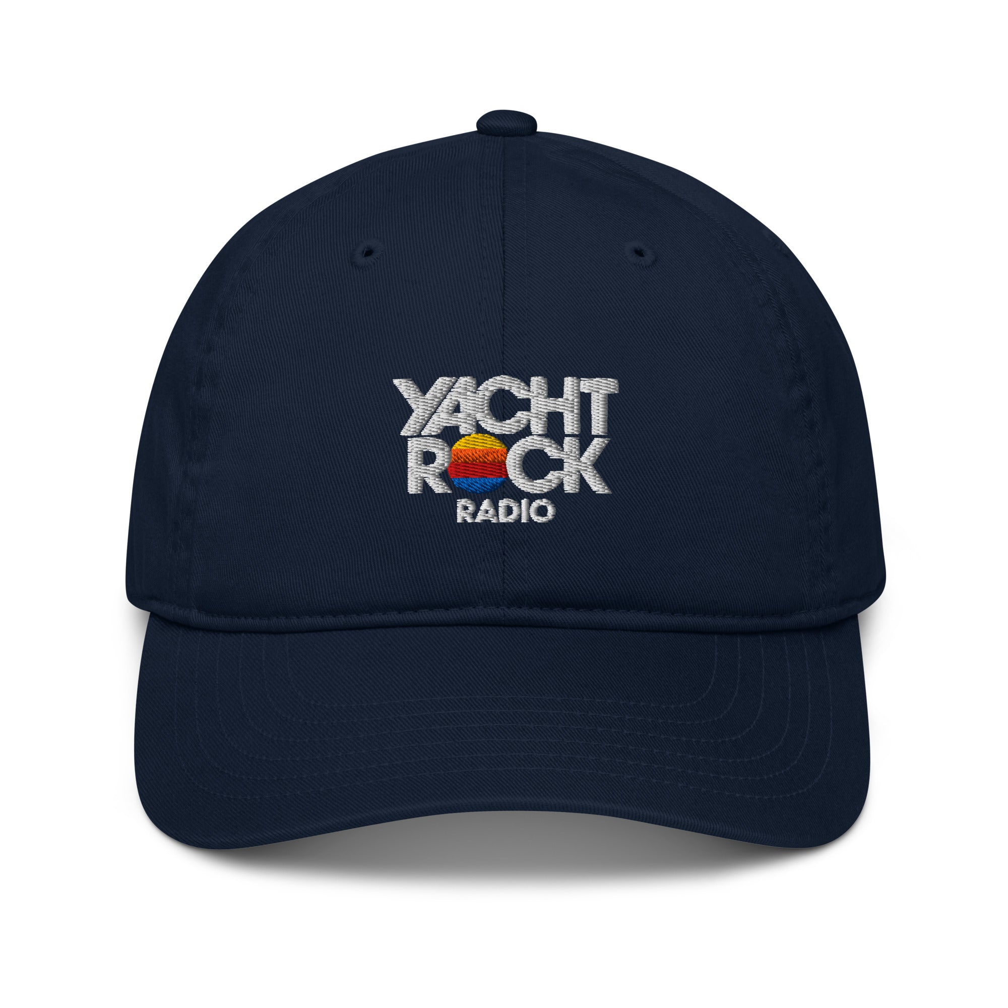Navy blue cap with 'YACHT ROCK RADIO' text and logo on a white background