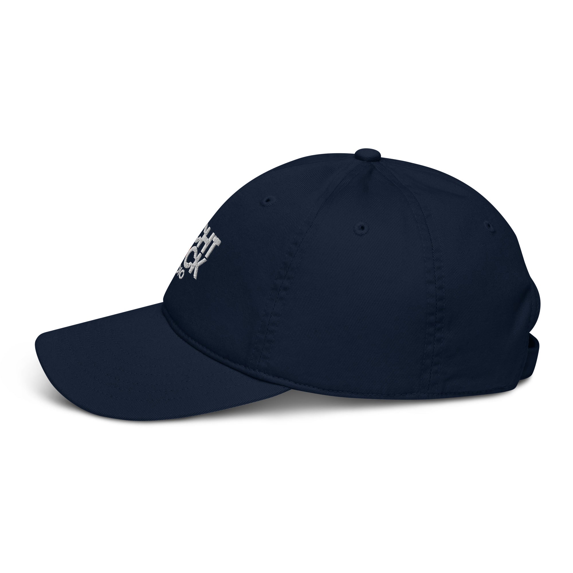 Navy blue cap with a logo on a white background