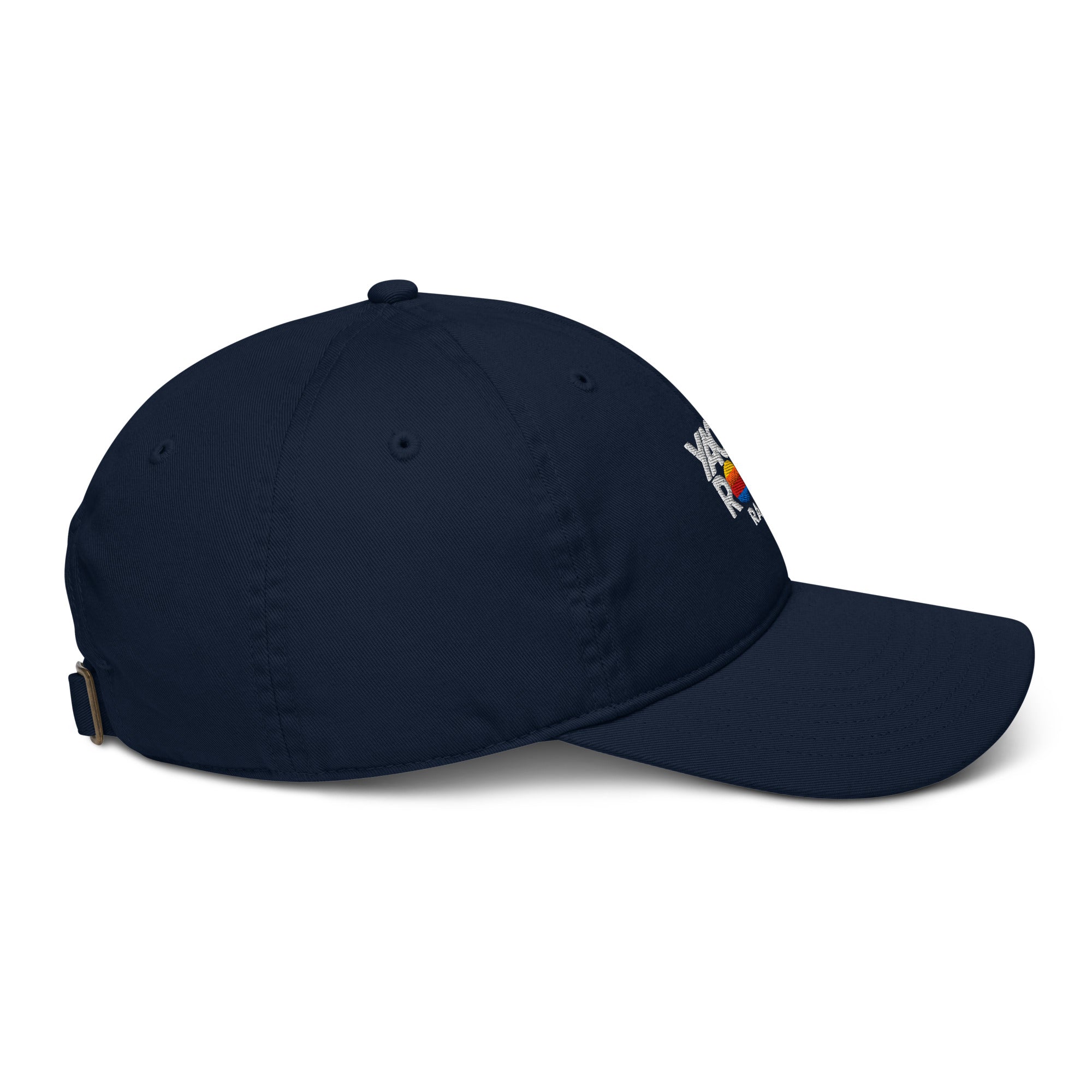Navy blue cap with a logo on the side against a white background