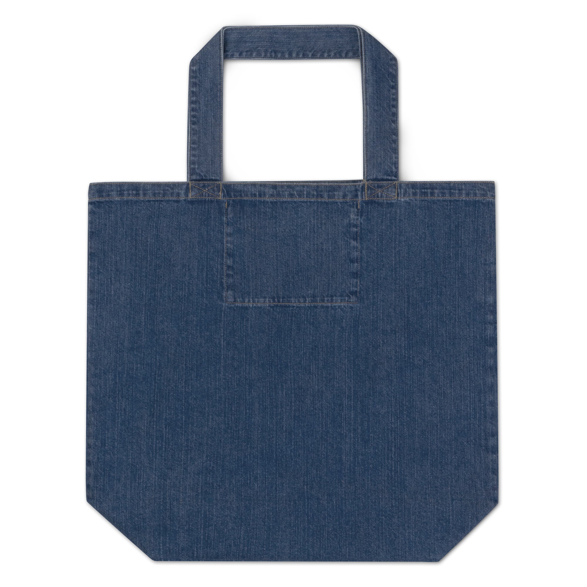 Back of denim tote bag with two handles and a front pocket.