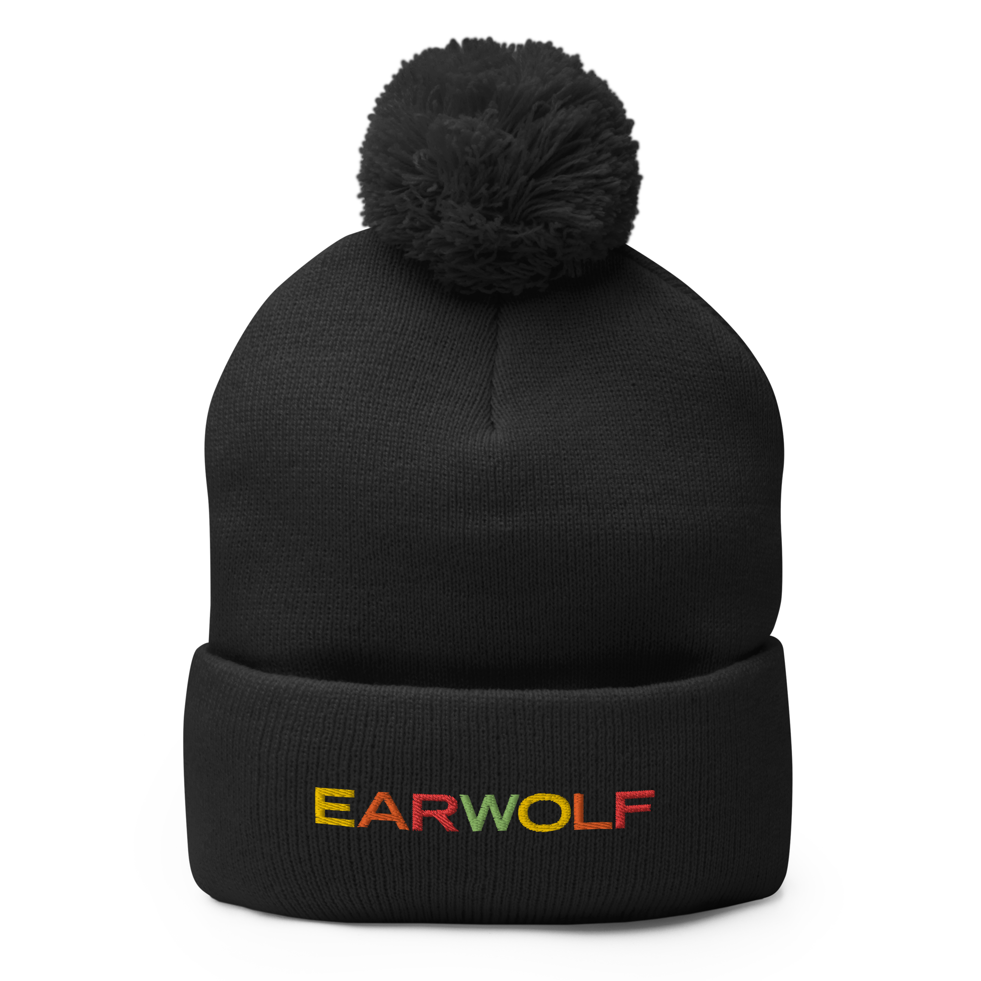 Black knit beanie with a pom-pom on top and 'EARWOLF' embroidered in multicolored letters on the front., on black background.