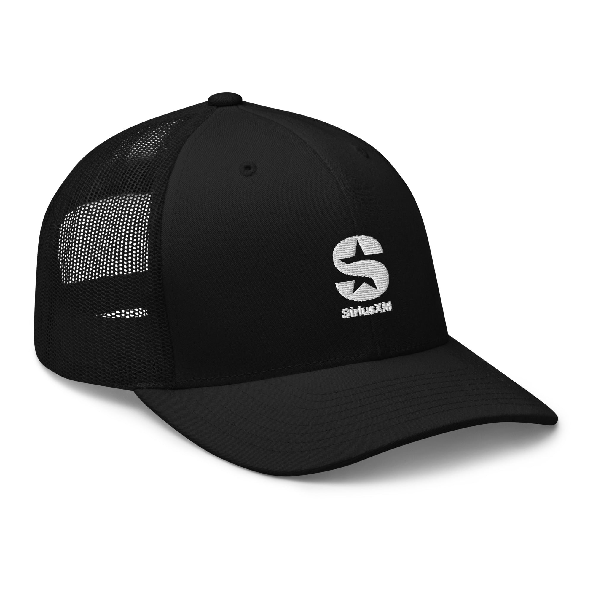 Black trucker cap with mesh back featuring a white embroidered 'SiriusXM' logo angled to the right.