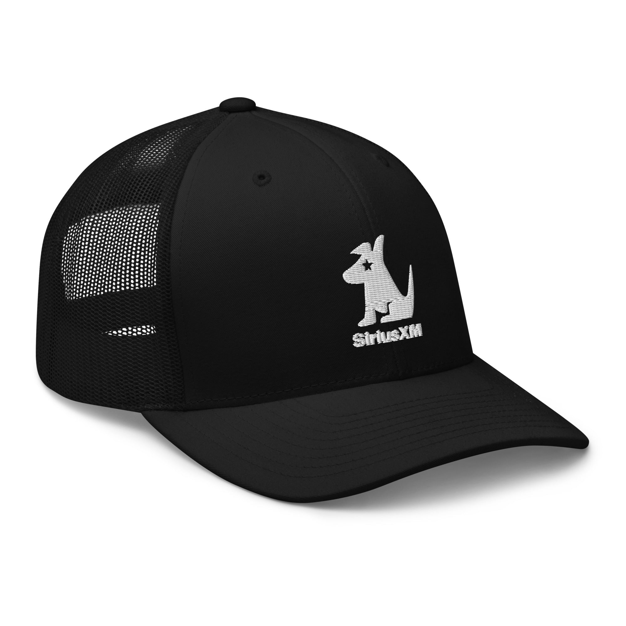 Black trucker cap with mesh back featuring a white embroidered 'SiriusXM' and Stella logo angled to the right.