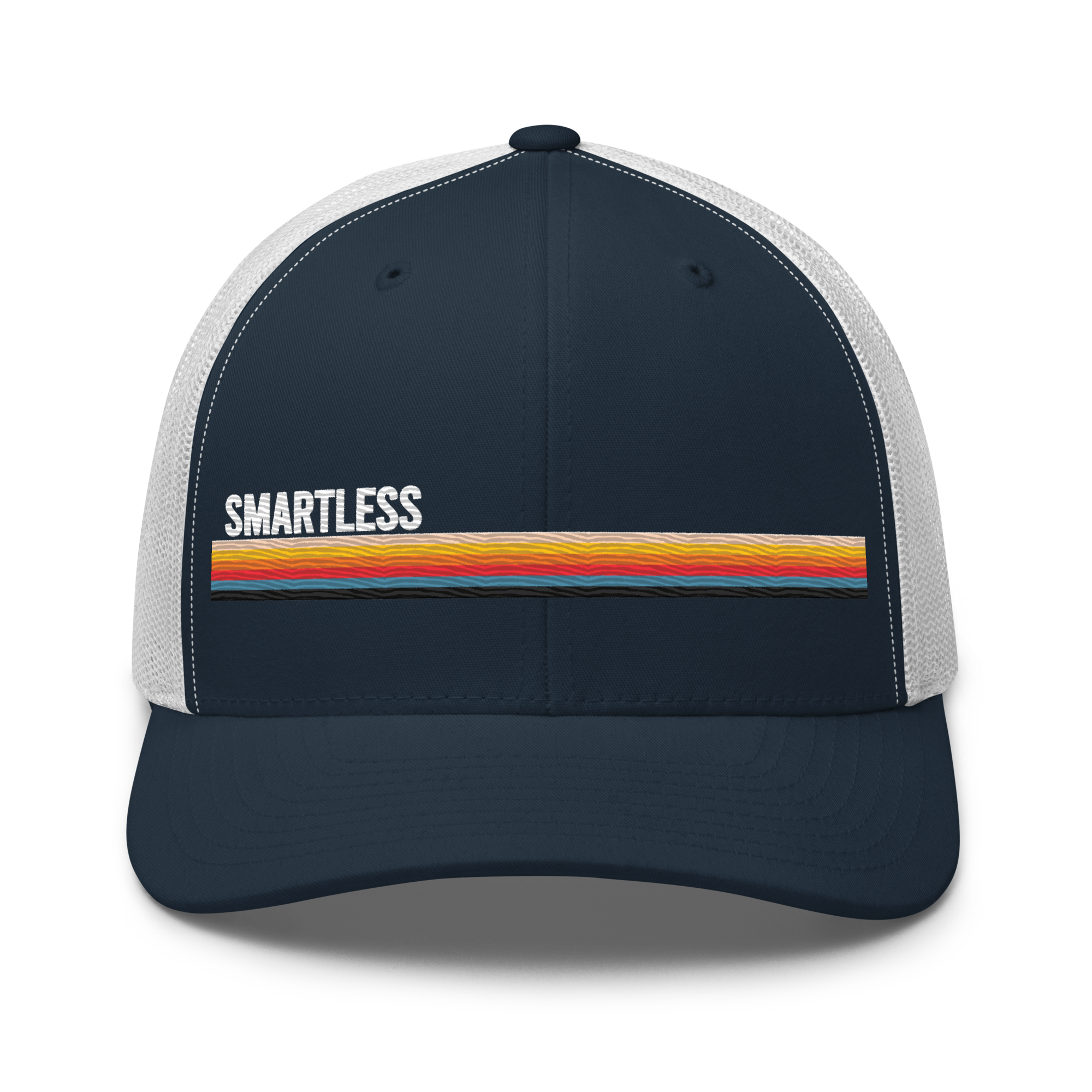 Baseball cap with a navy front, white mesh sides, and the word 'SMARTLESS' in white above a colorful horizontal stripe.