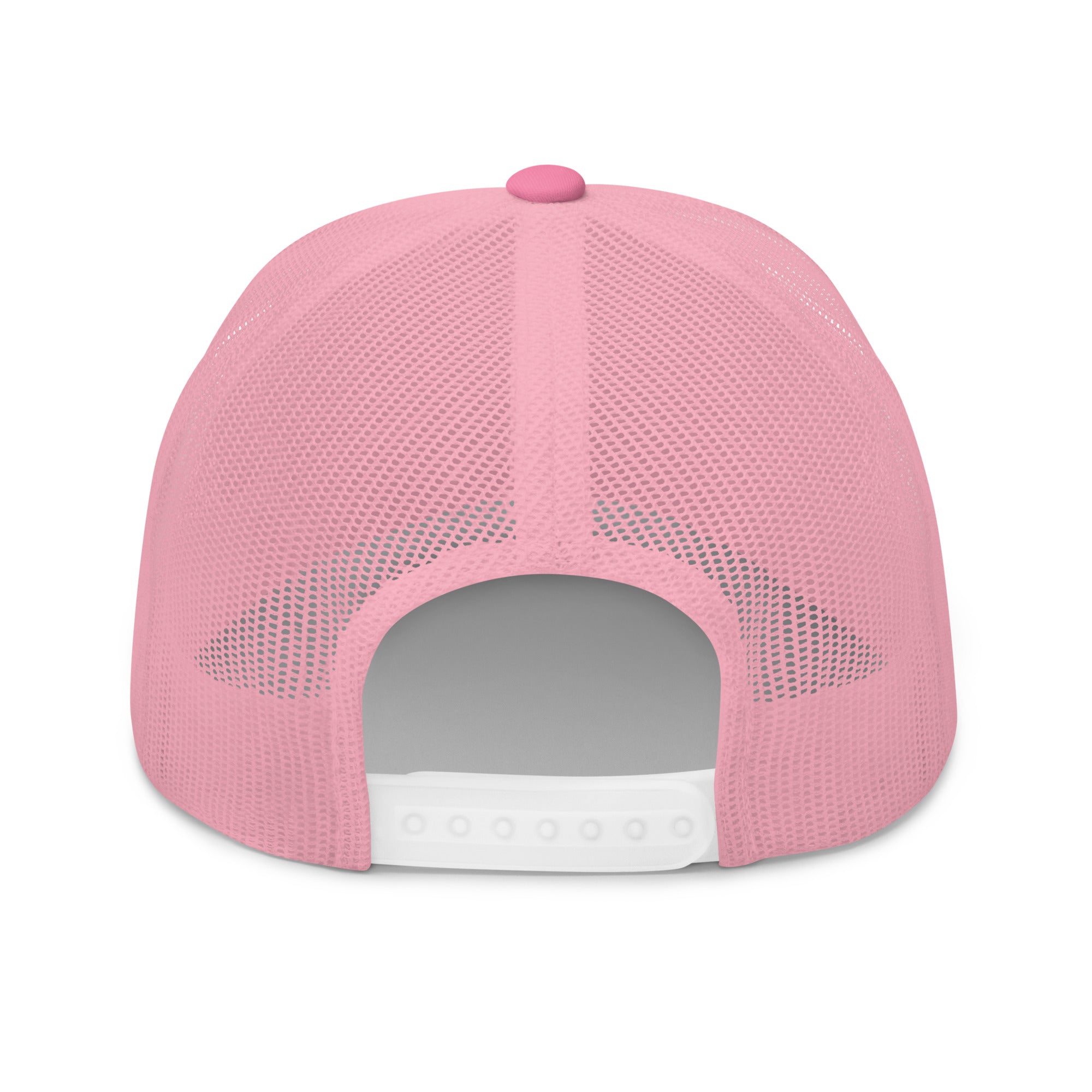 Back view of a pink mesh trucker hat with a white adjustable strap.