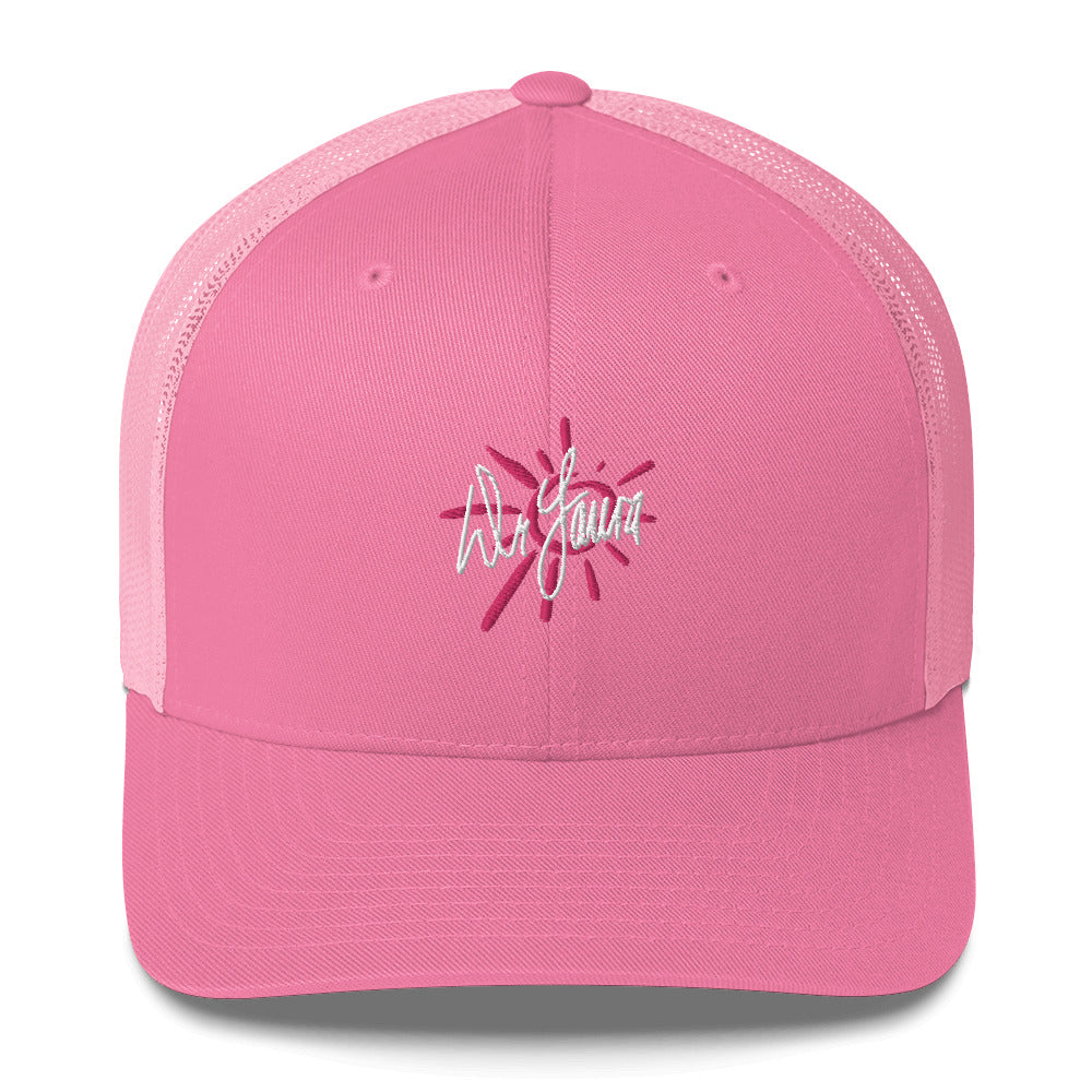High angle of pink trucker hat with mesh sides, featuring a white embroidered 'Dr. Laura' signature logo and decorative rays of sun.