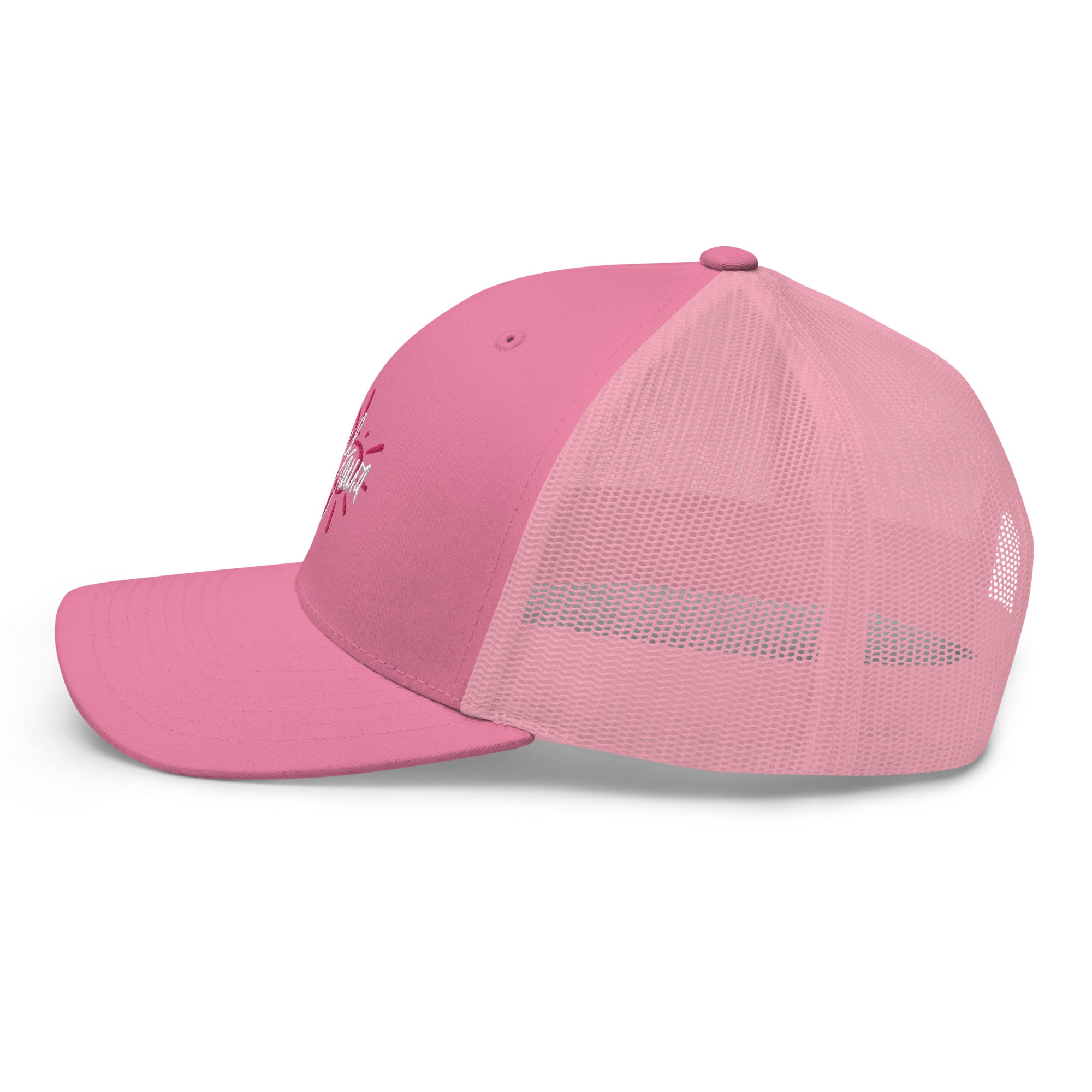 Left side view of sink trucker hat with a solid front panel and mesh back.
