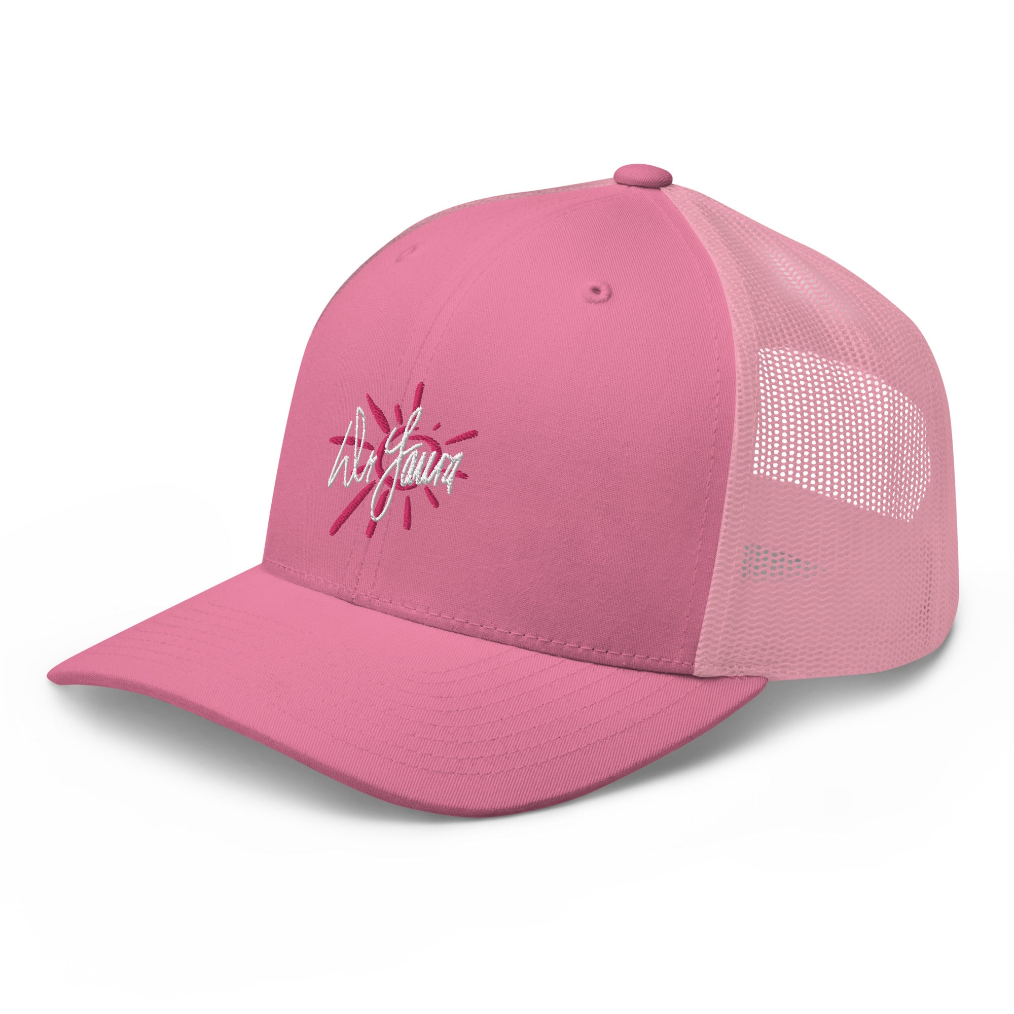 Pink trucker hat with white embroidered 'Dr. Laura' signature and hot pink embroidery of the sun shining mesh detailing on the sides.