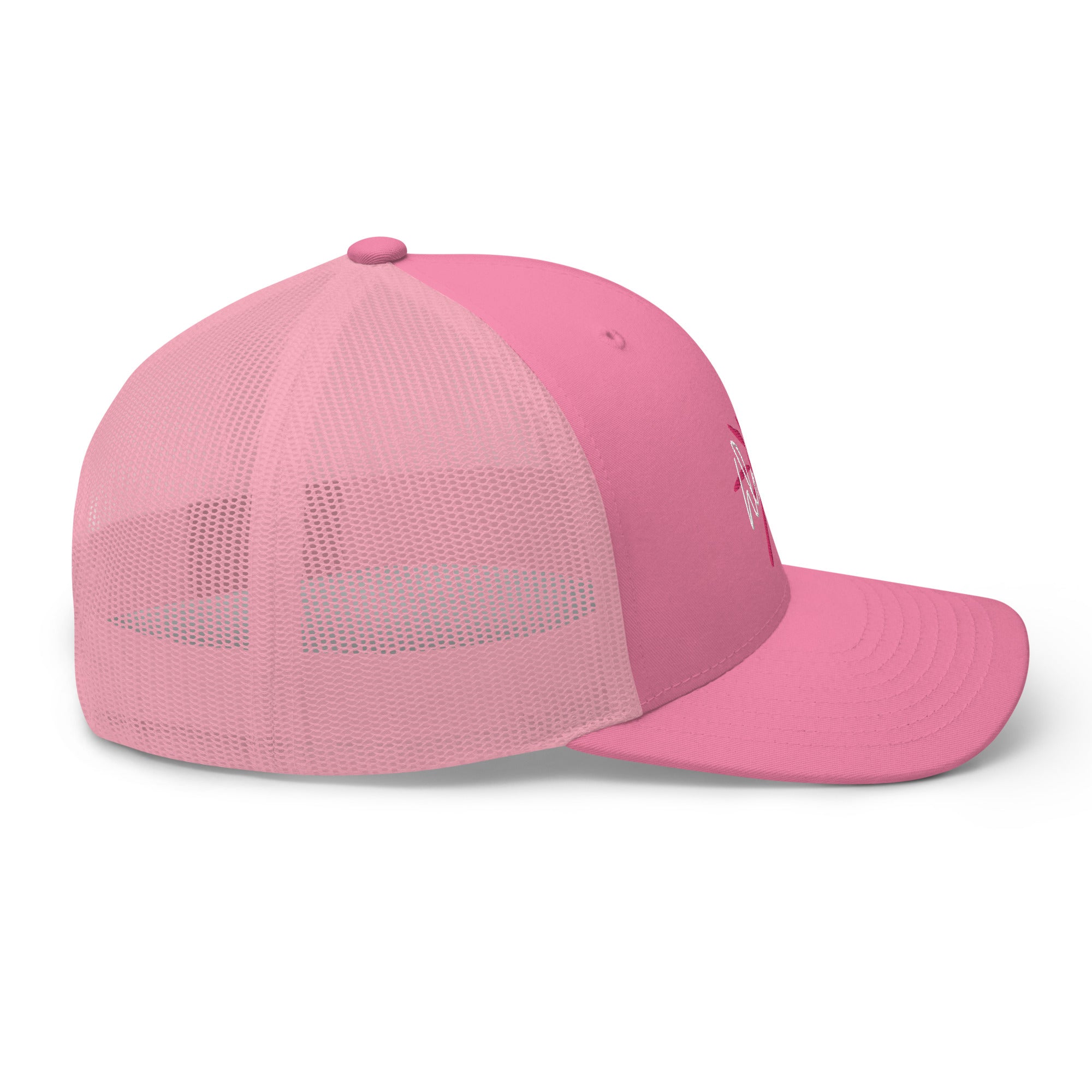 Pink trucker hat with a solid front panel and a mesh back, seen from the right side.