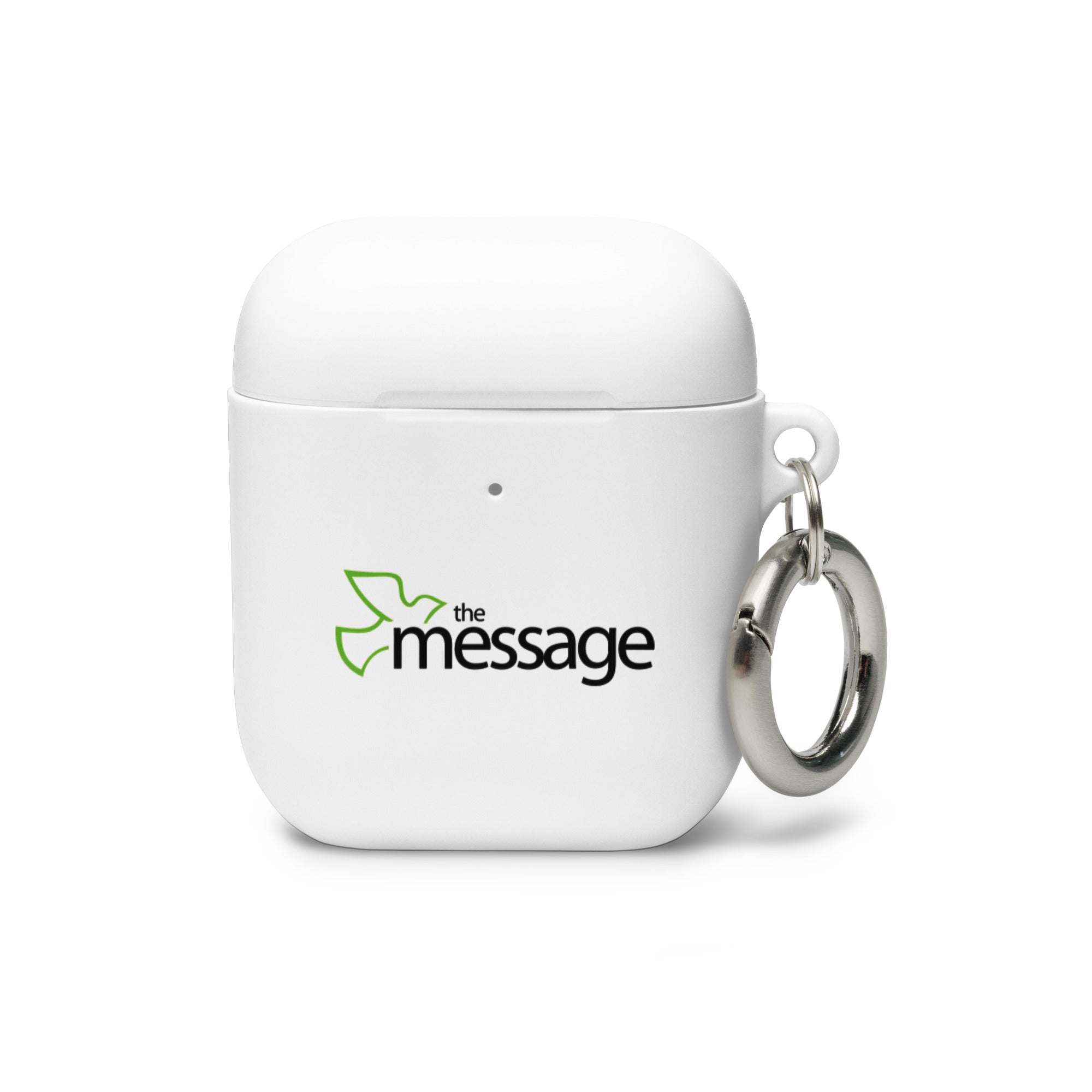 White AirPods case with a keychain, featuring the logo 'the message' in green and black.
