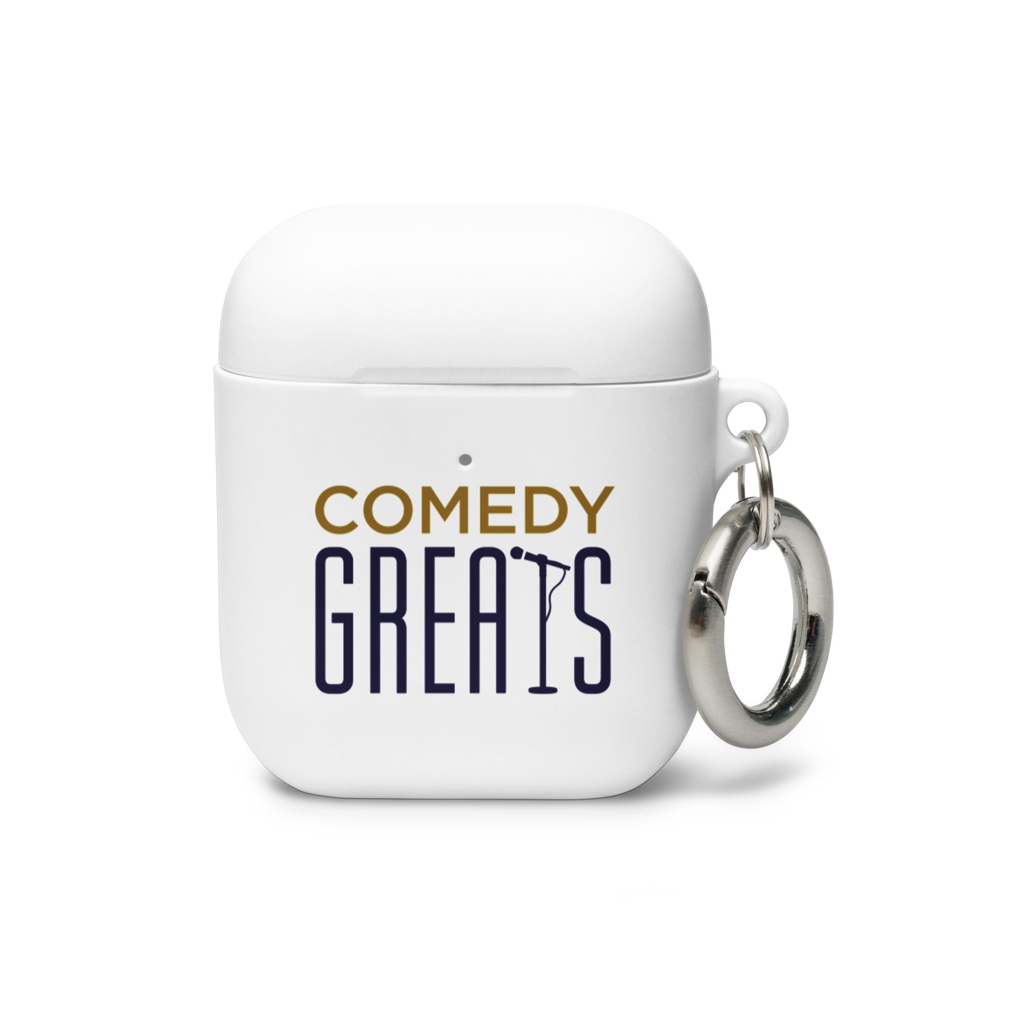 White AirPods case with 'COMEDY GREATs' printed in blue and gold and a silver keyring attachment.