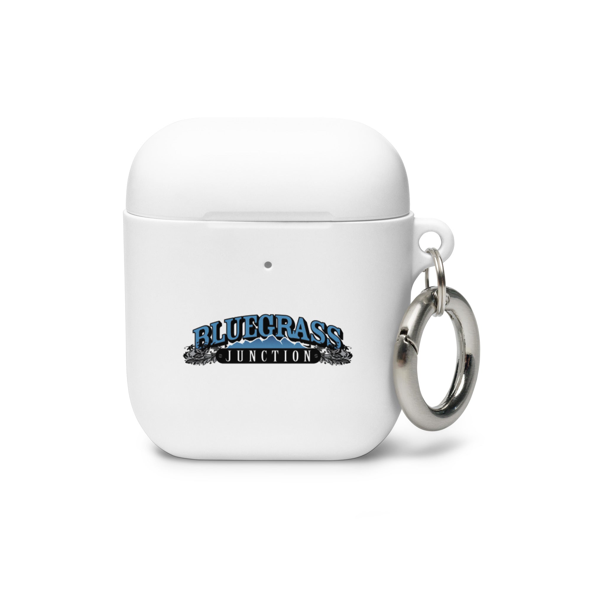 White AirPods case with a keychain and 'BLUEGRASS JUNCTION' logo on the front.
