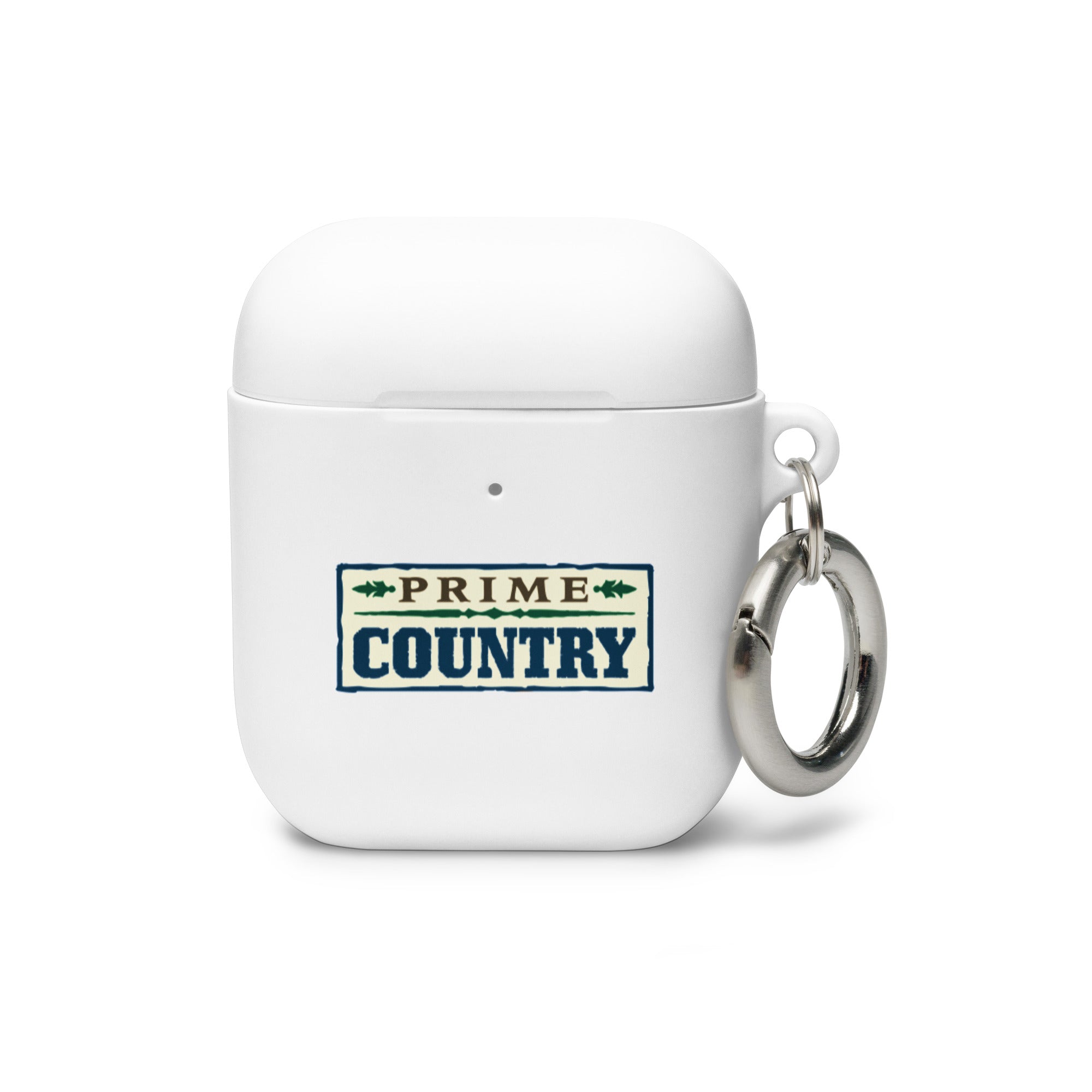 White AirPods case with a 'PRIME COUNTRY' logo and a silver keychain attached.