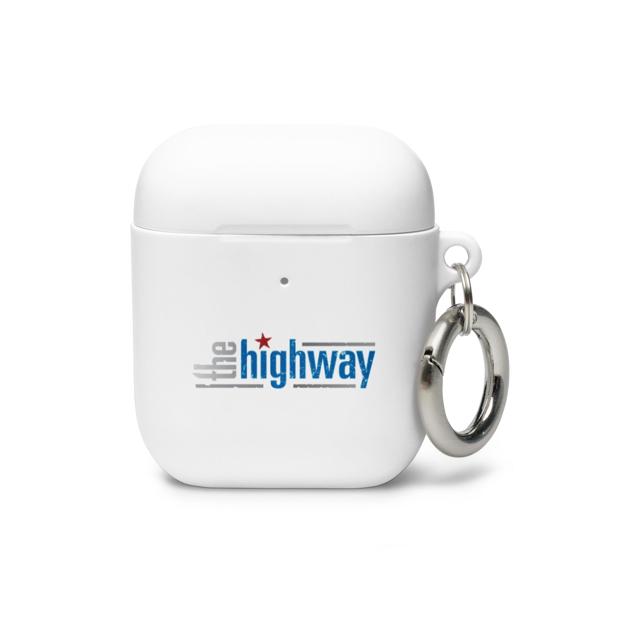 White AirPods case with 'the highway' logo and a silver keychain attachment.