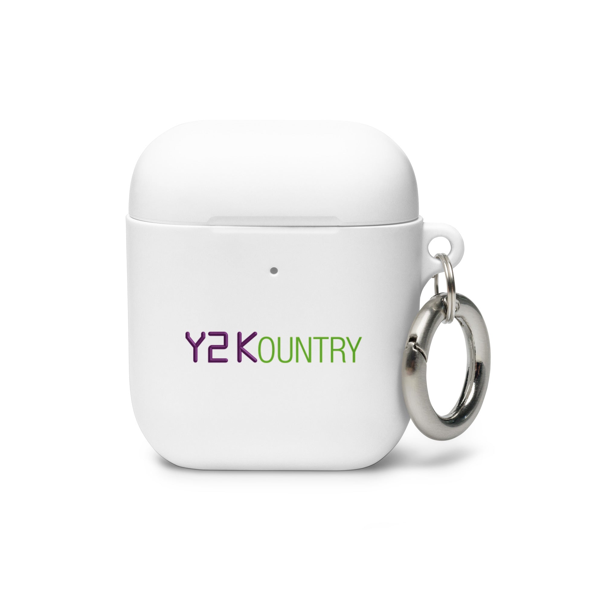 White AirPods case with a keyring, featuring the text 'Y2KOUNTRY' in purple and green.