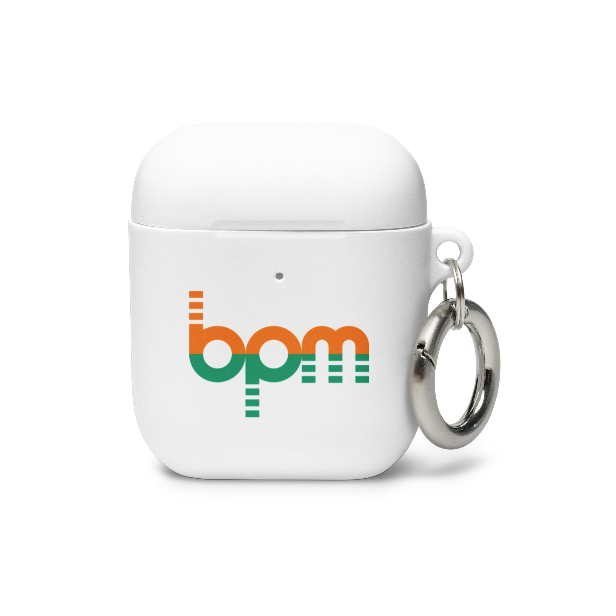 White AirPods case with orange and green 'bpm' logo and silver keychain attachment.