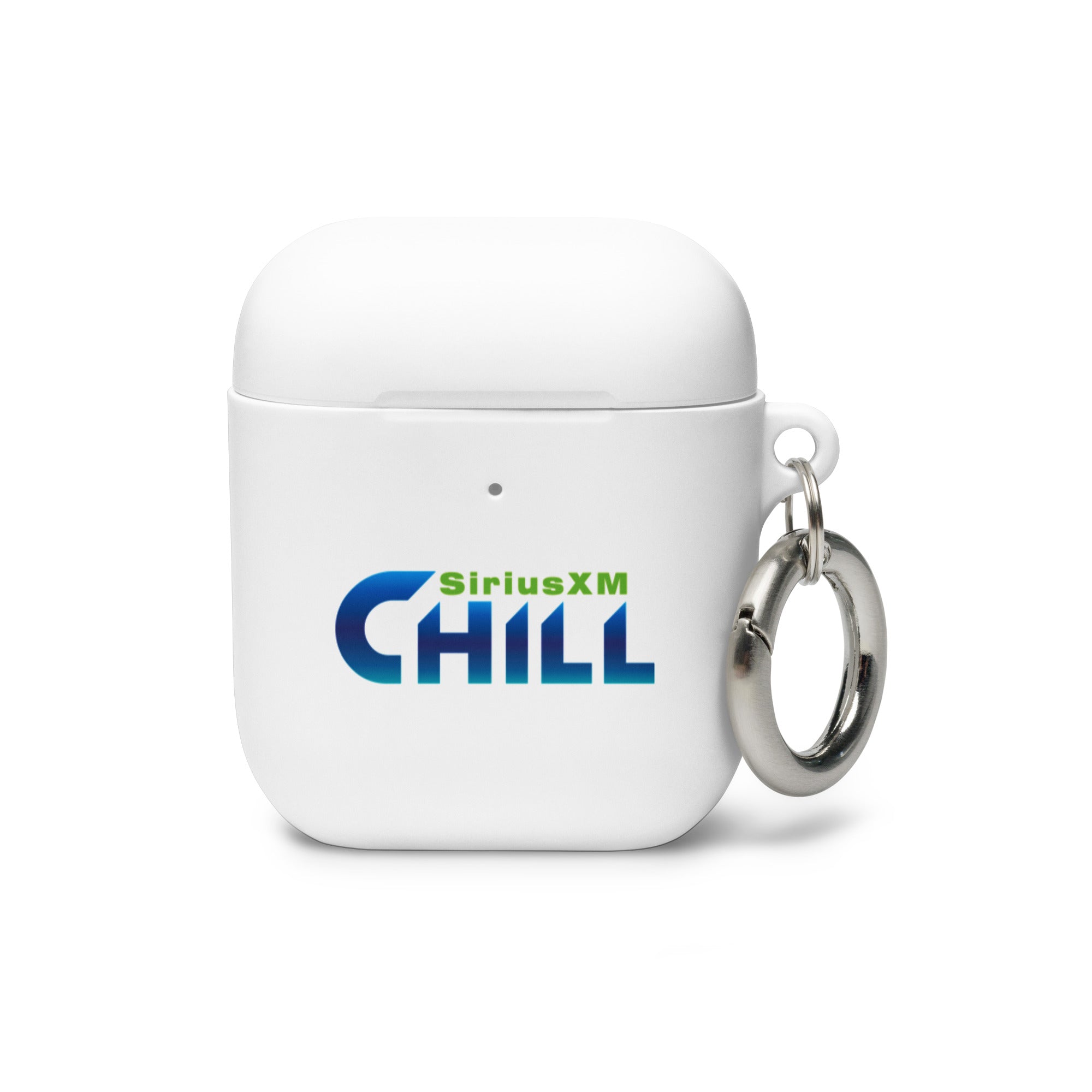 SiriusXM CHILL' branded AirPods case with a metal keyring attached.