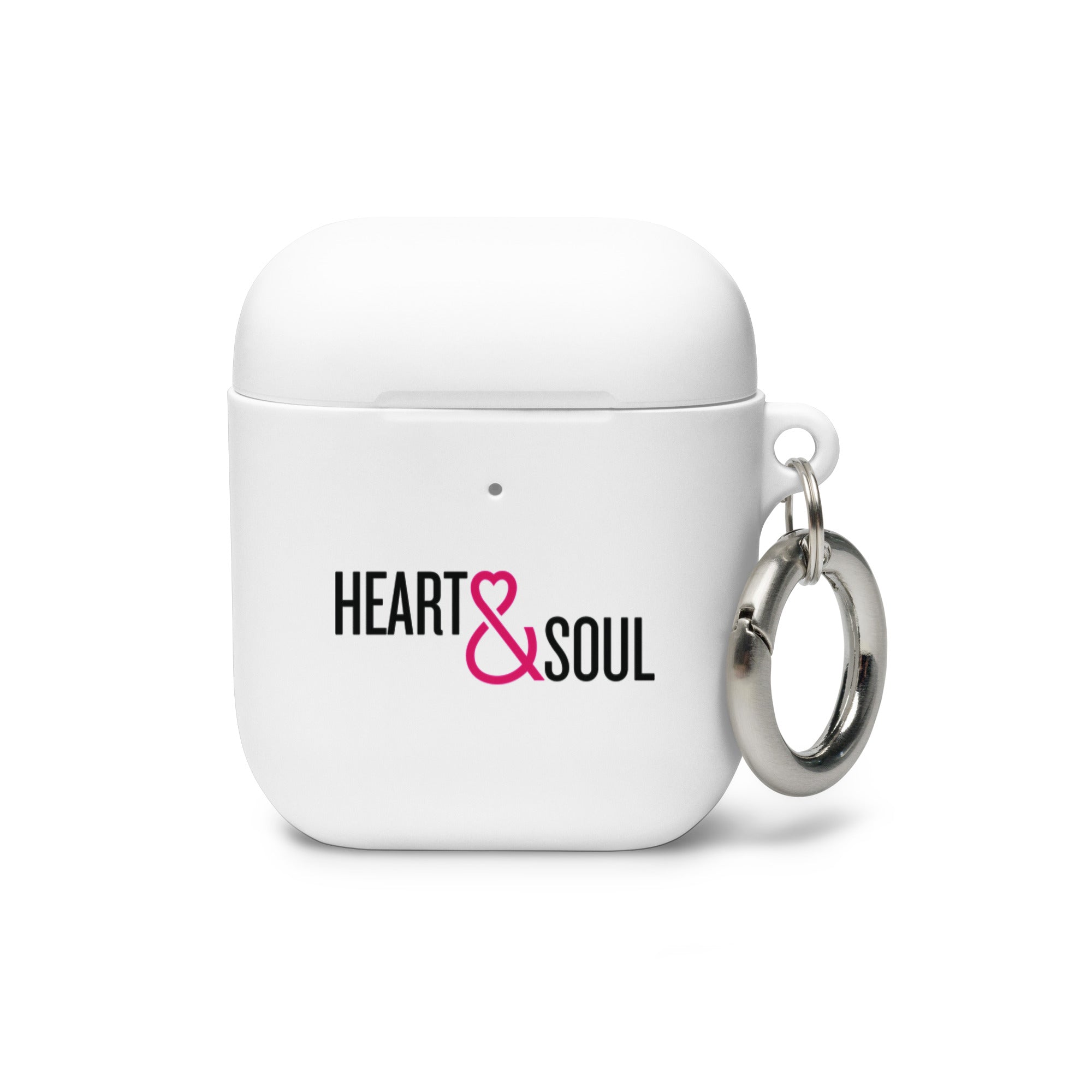 White AirPods case with a 'HEART & SOUL' design and a silver keyring attached.