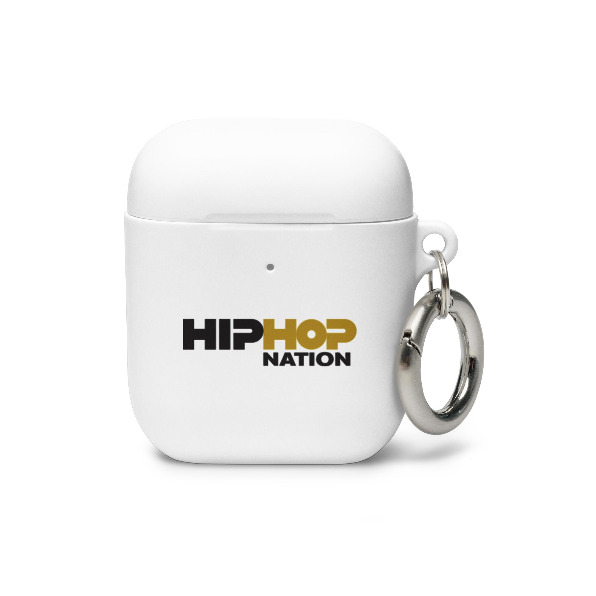 White AirPods case with 'HIPHOP NATION' logo and a metal keychain attachment.