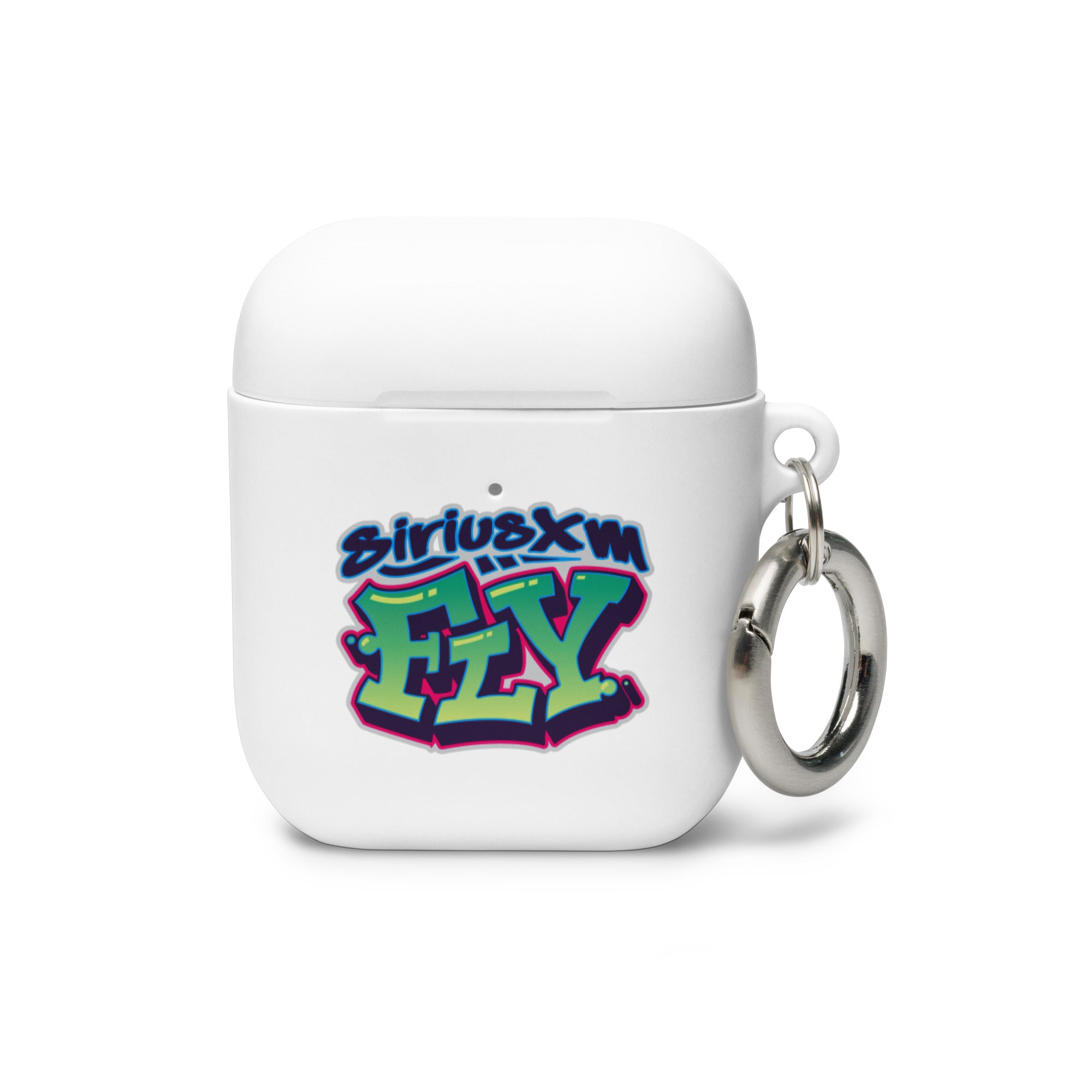 White AirPods case with a colorful 'siriusxm FLY' graffiti-style design and a silver keyring attached.