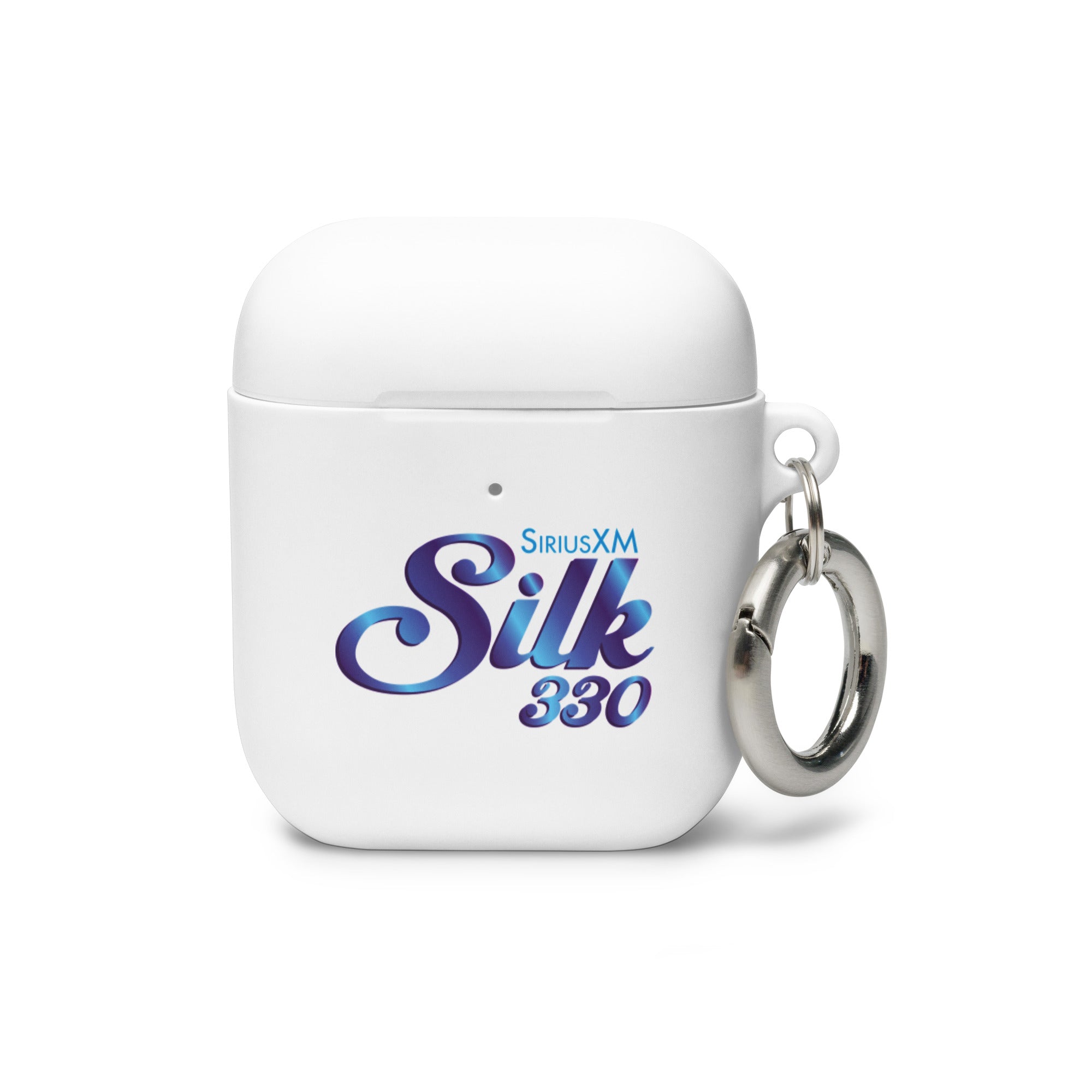 White AirPods case with SiriusXM logo and 'Silk 330' prominently displayed, featuring a metal keyring.