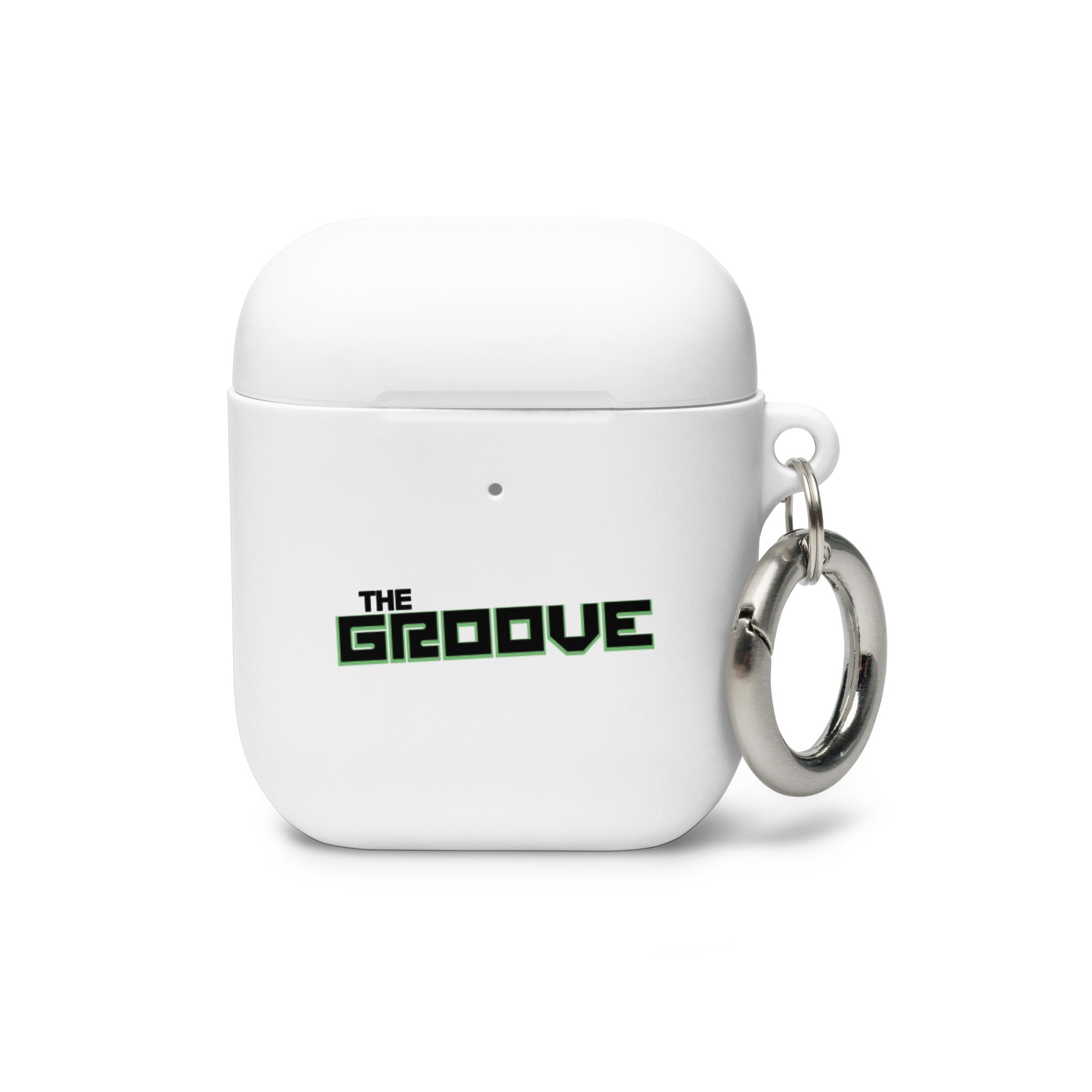 White AirPods case with a keychain, featuring the text 'THE GROOVE' in green and attached to a silver keyring.