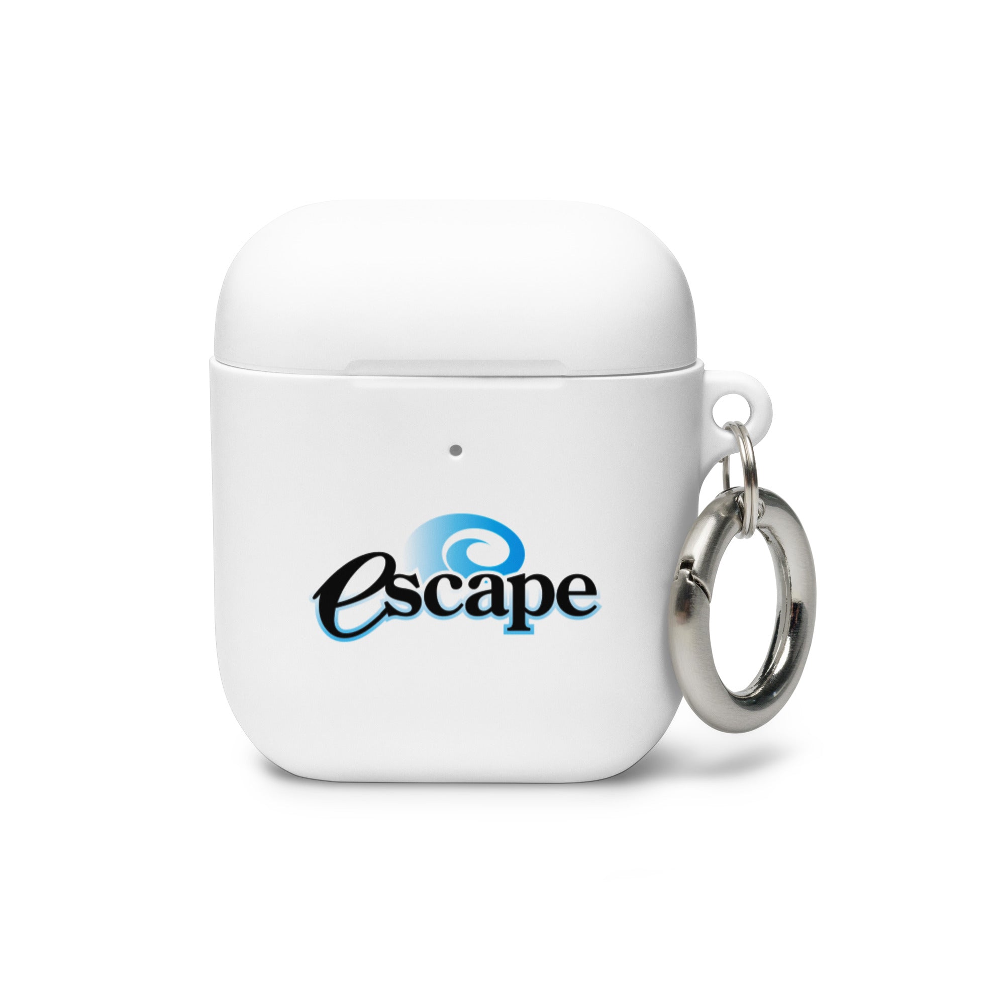 White AirPods case with a keyring and the word 'Escape' in stylized blue and black lettering.