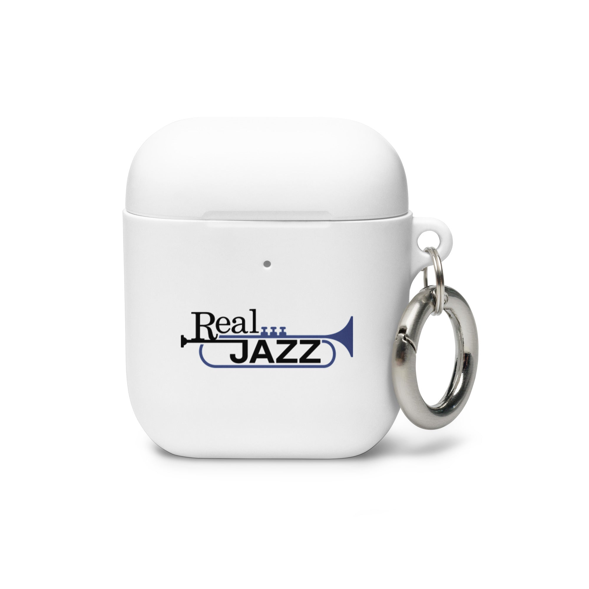 White AirPods case featuring a 'Real Jazz' logo with a trumpet design attached to a silver keyring.