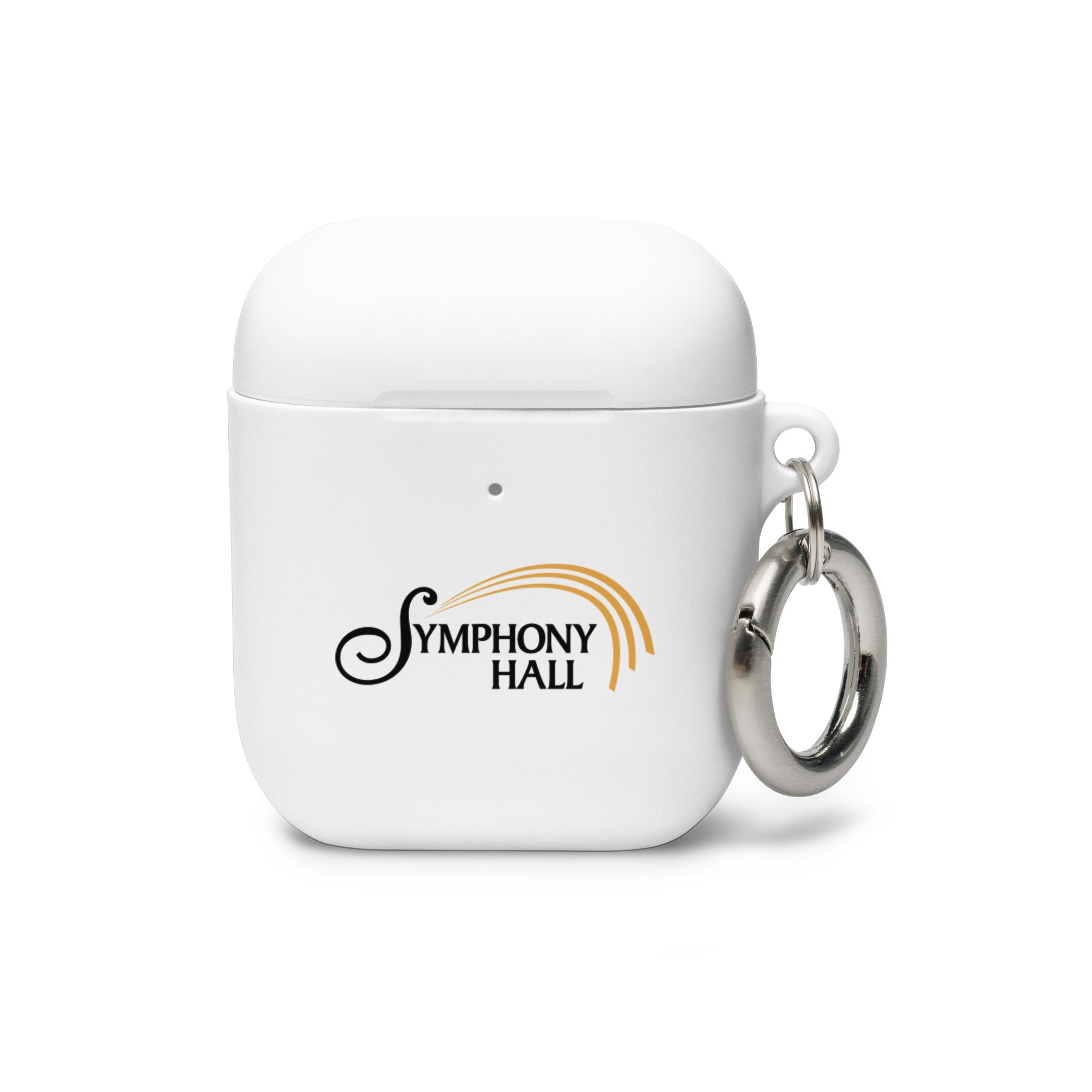 White AirPods case with keychain, featuring the 'Symphony Hall' logo and a silver keyring attachment.