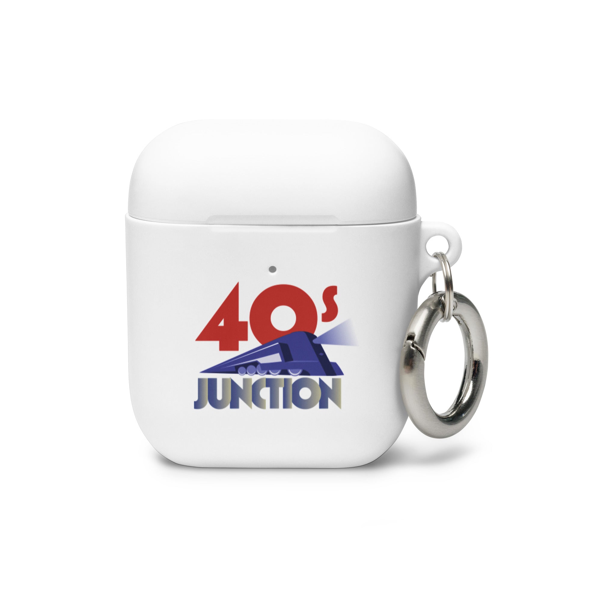 White AirPods case featuring the text '40s Junction' with a retro design and a metal keyring attachment.