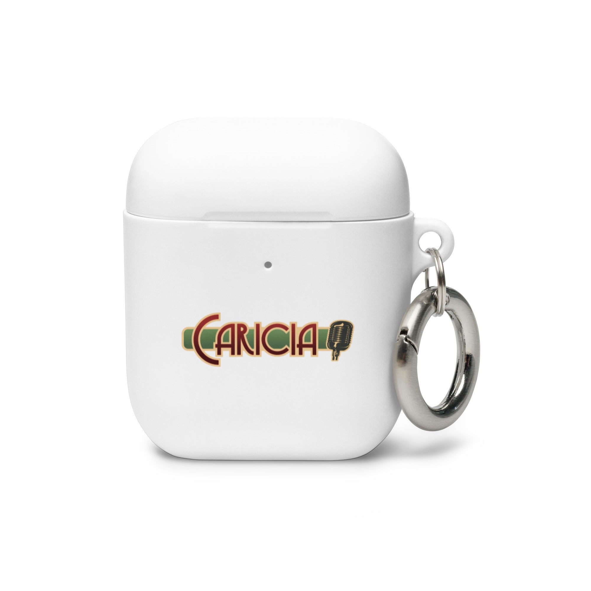 White AirPods case with a 'Caricia' design and a metal keychain attachment.