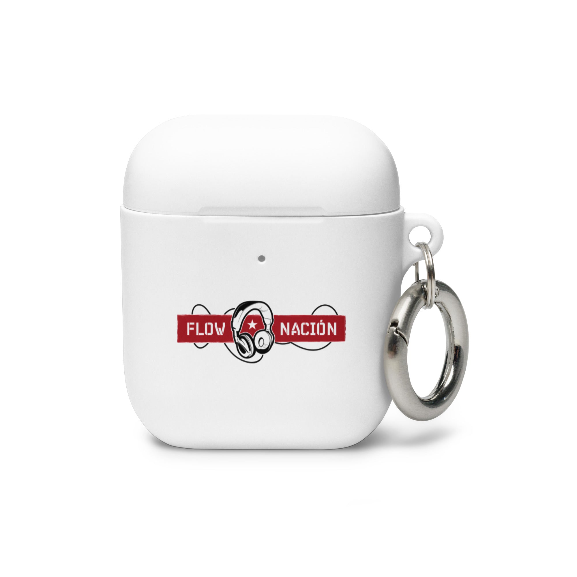 White AirPods case with a black and red 'FLOW NACIÓN' logo and a metal keychain attached.