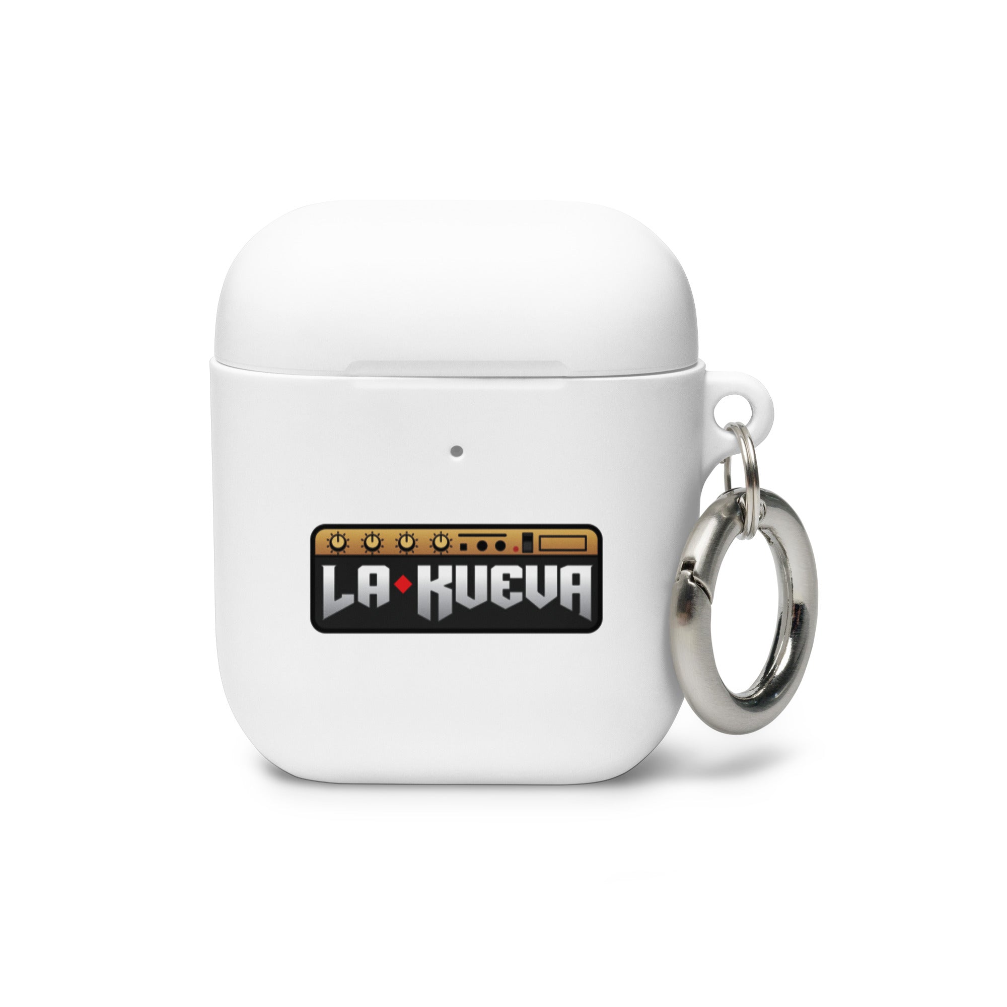 White AirPods case with a 'LA KUEVA' logo and a metal keyring attached.