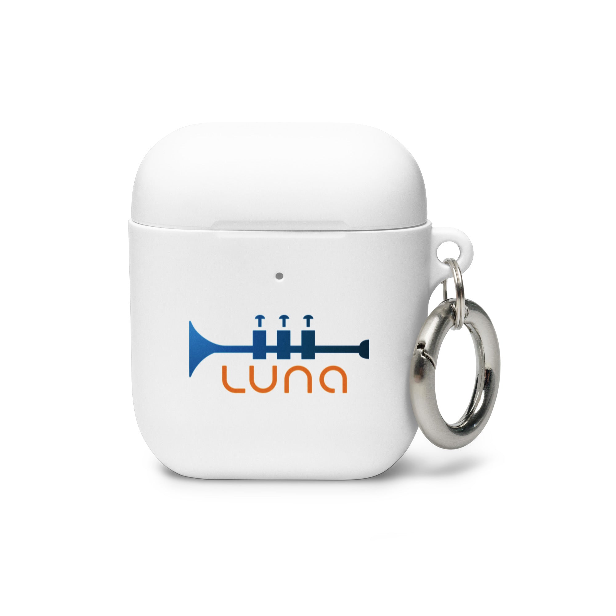 White AirPods case with a blue trumpet logo and 'LUNA' in orange, featuring a metal keyring attached.