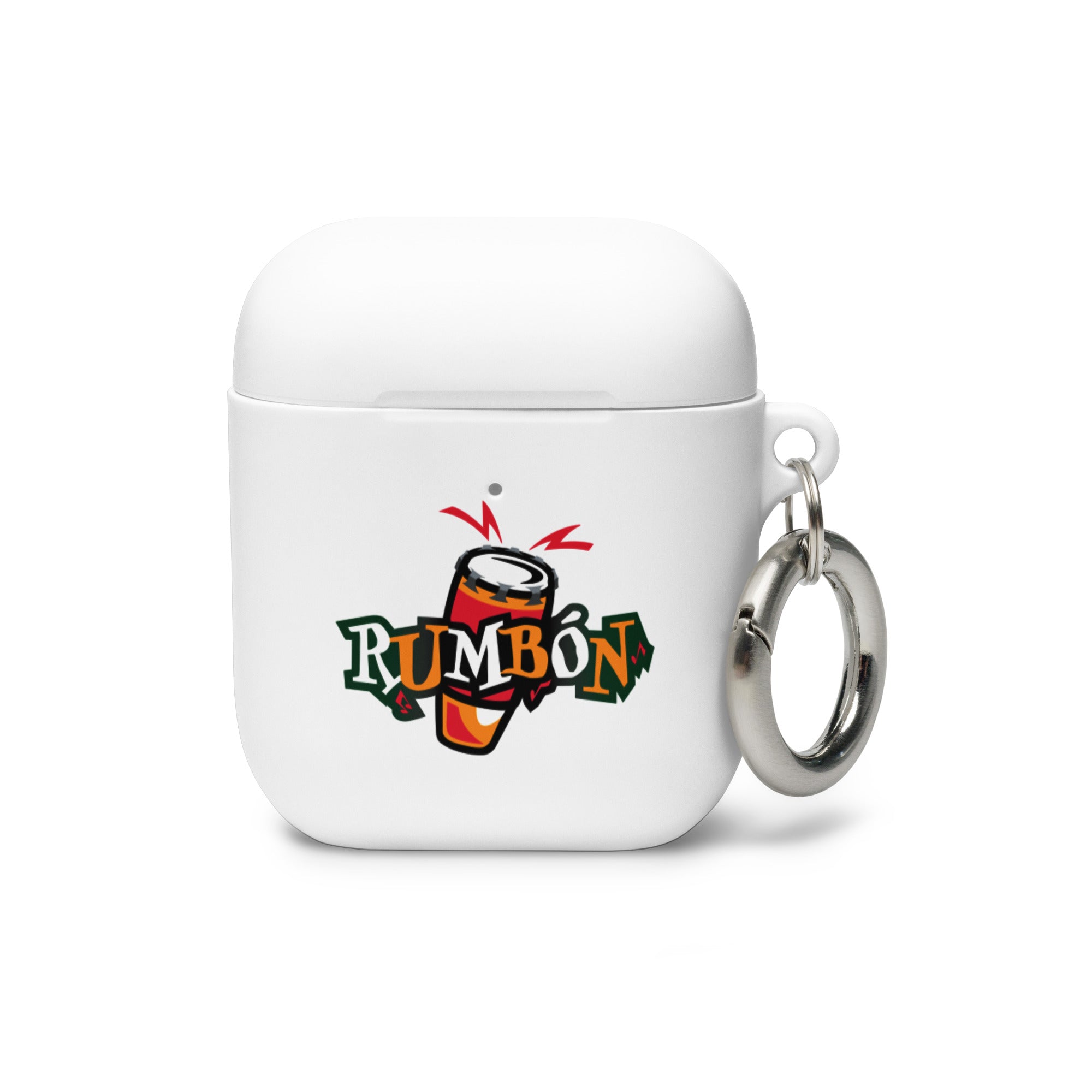 White AirPods case with a colorful 'Rumbón' logo featuring a drink can and a keyring.