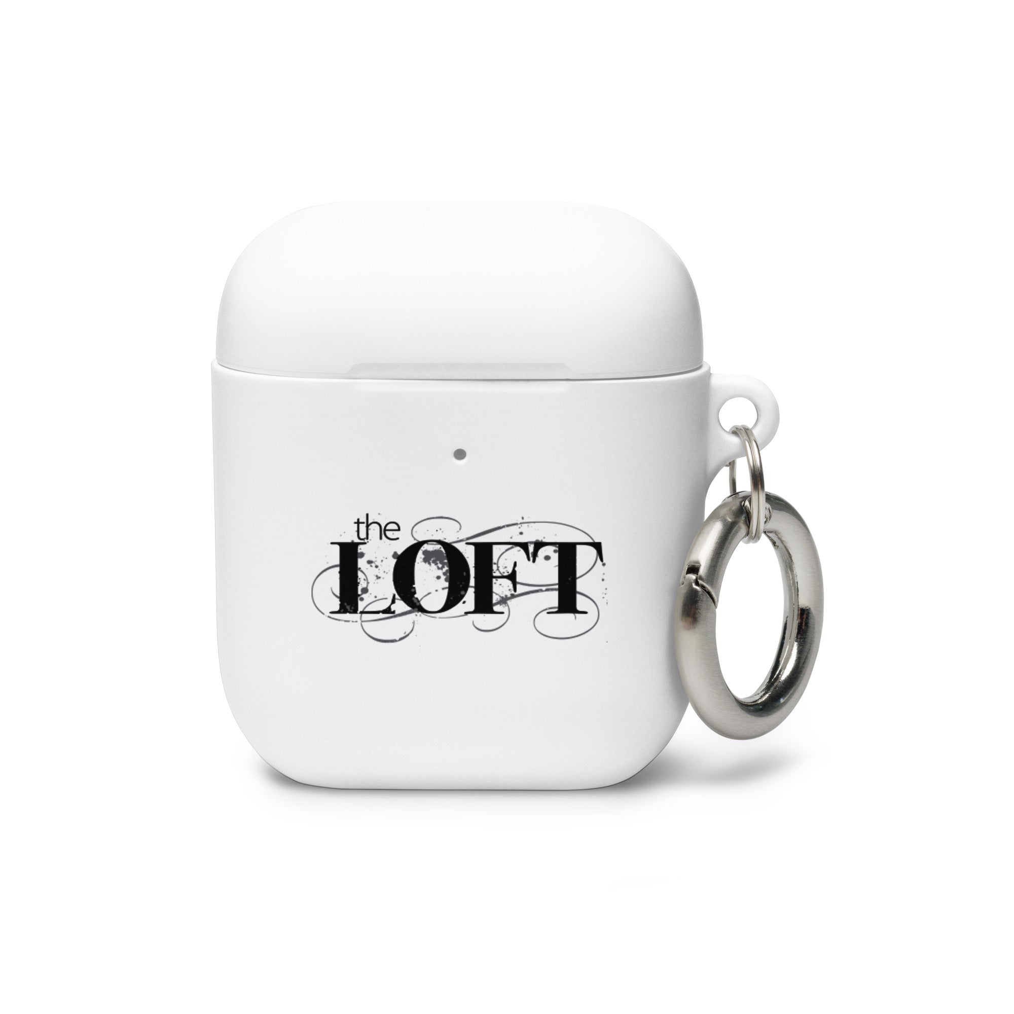 White AirPods case with a keychain, featuring the text 'the LOFT' in a stylized font.