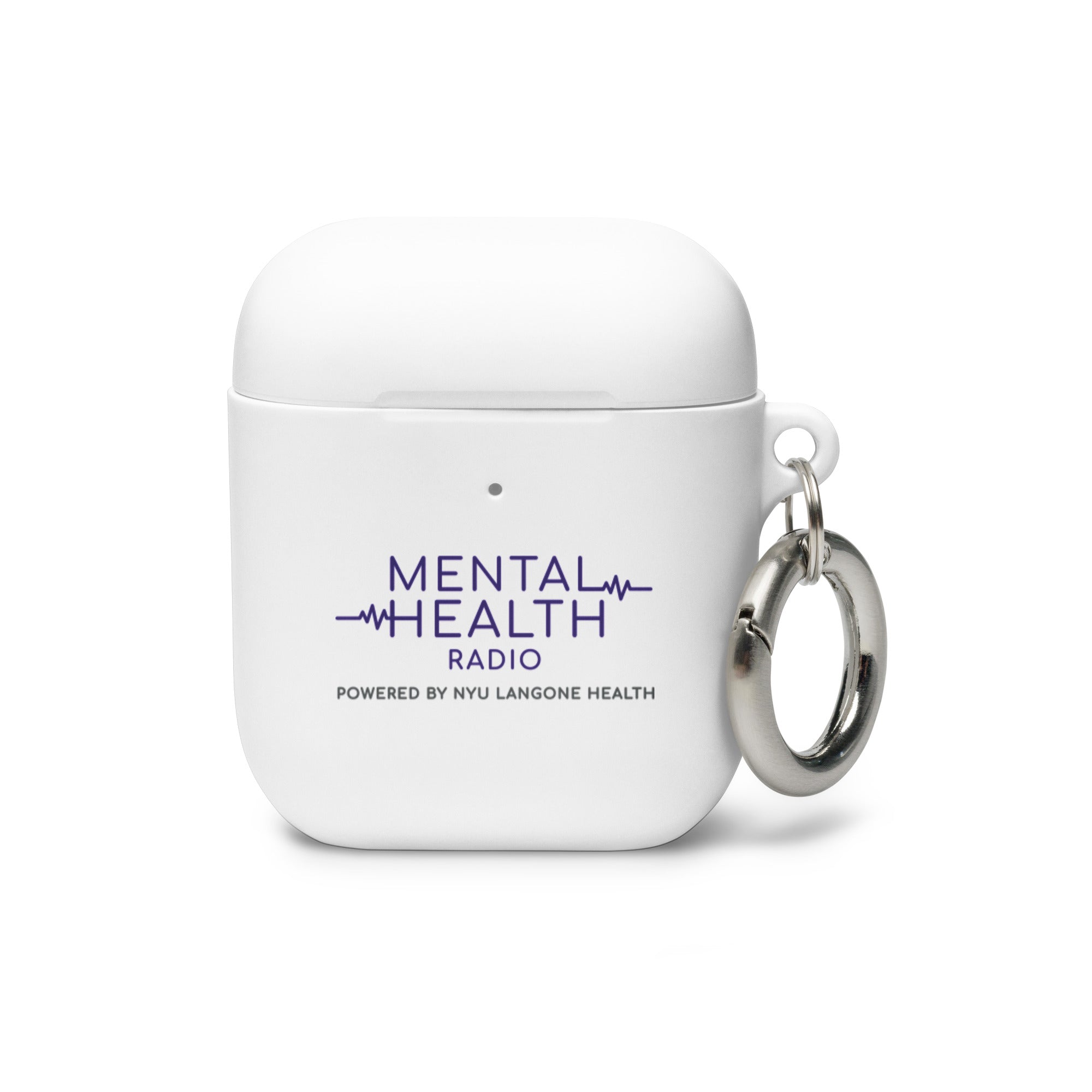 White airpods case labeled 'MENTAL HEALTH RADIO powered by NYU Langone Health' in purple and grey with a keyring,