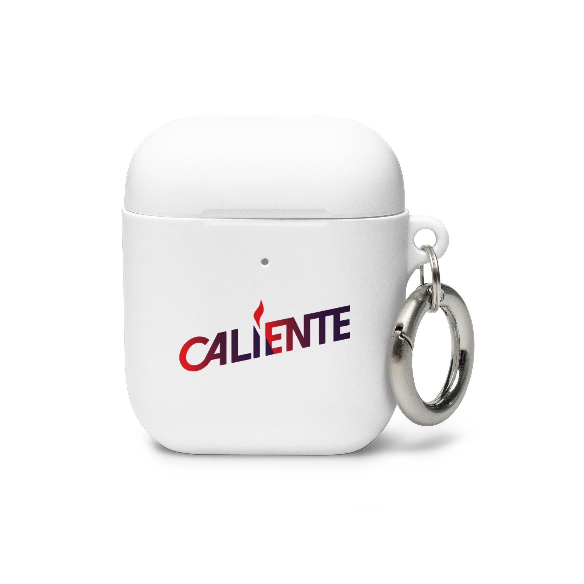 White AirPods case for earbuds with a colorful logo 'CALIENTE' and a metal keychain attachment.