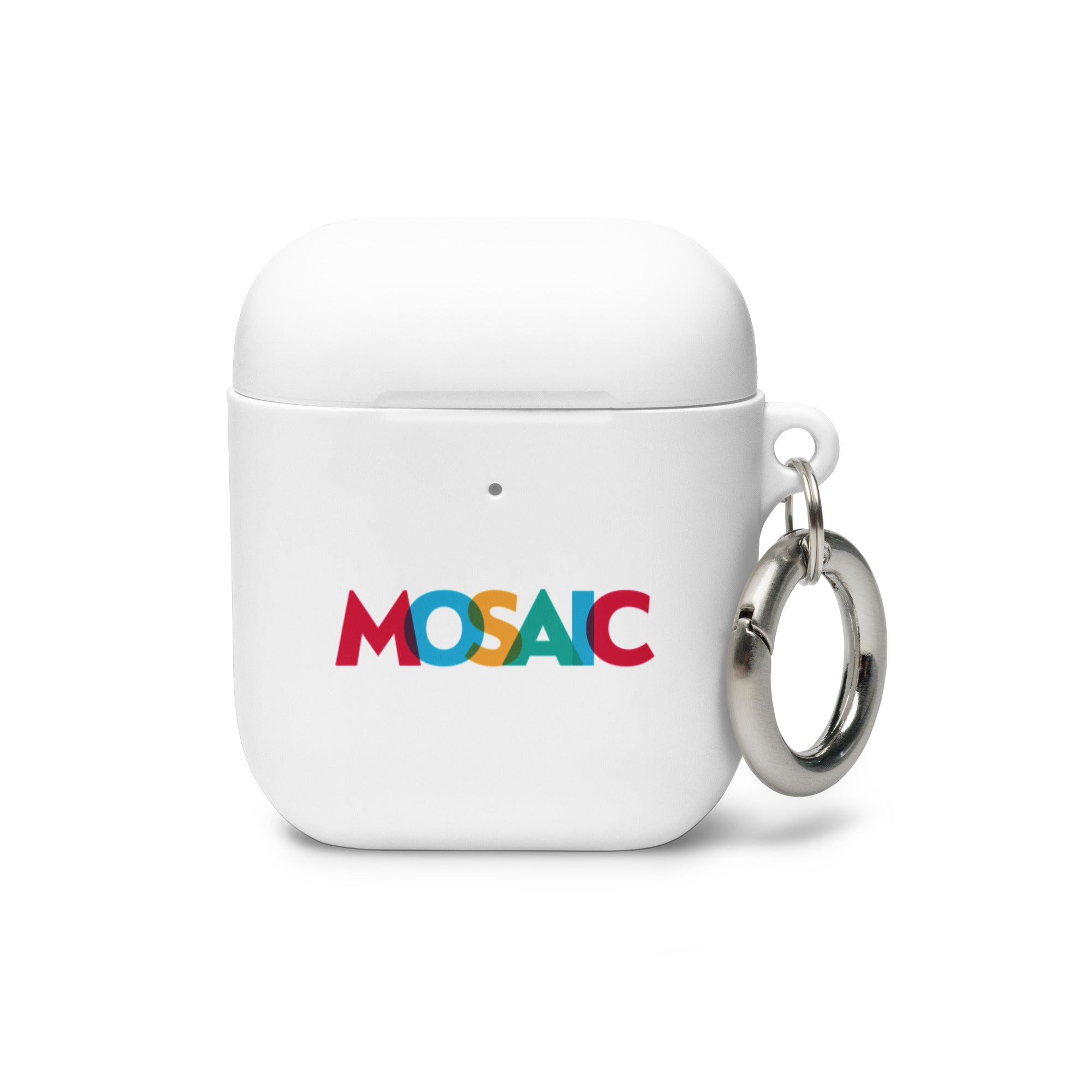 White AirPods case with colorful 'MOSAIC' logo and metal keyring attached.