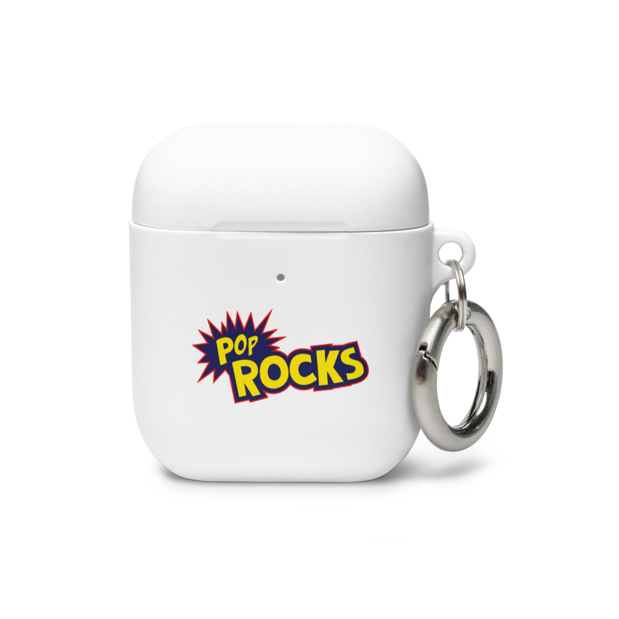 White AirPods case featuring a colorful 'POP ROCKS' logo and a metal keyring attachment.