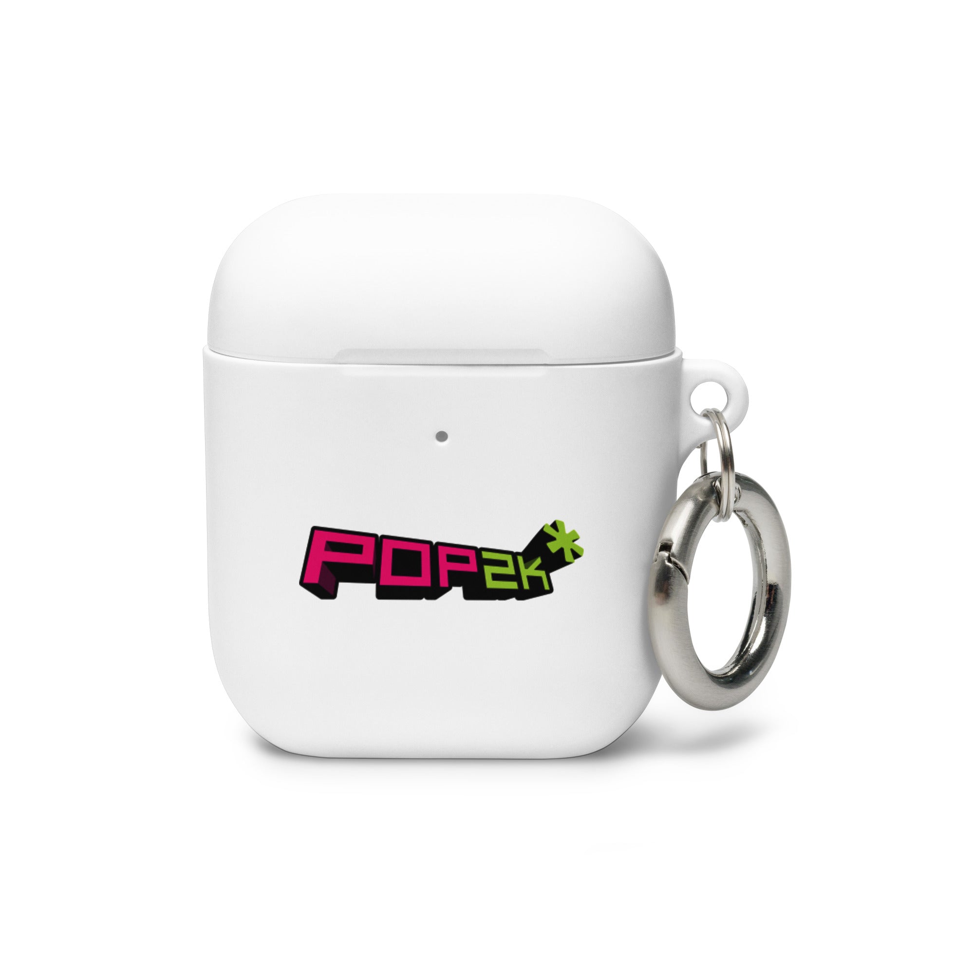 White AirPods case with a colorful 'POP2k' logo in pink, green and black and a metal keychain attachment.