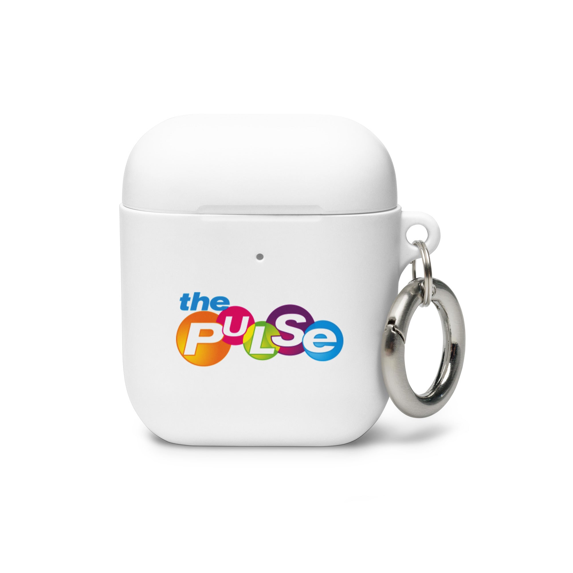 White AirPods case with a colorful 'the PULSE' logo and a silver keychain attached.