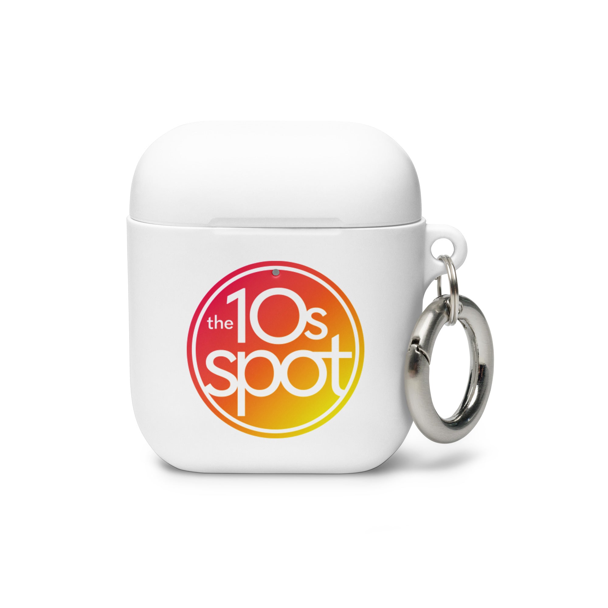 White AirPods case with a colorful pink and yellow gradient logo for 'the 10s spot' and a metal keyring attached.