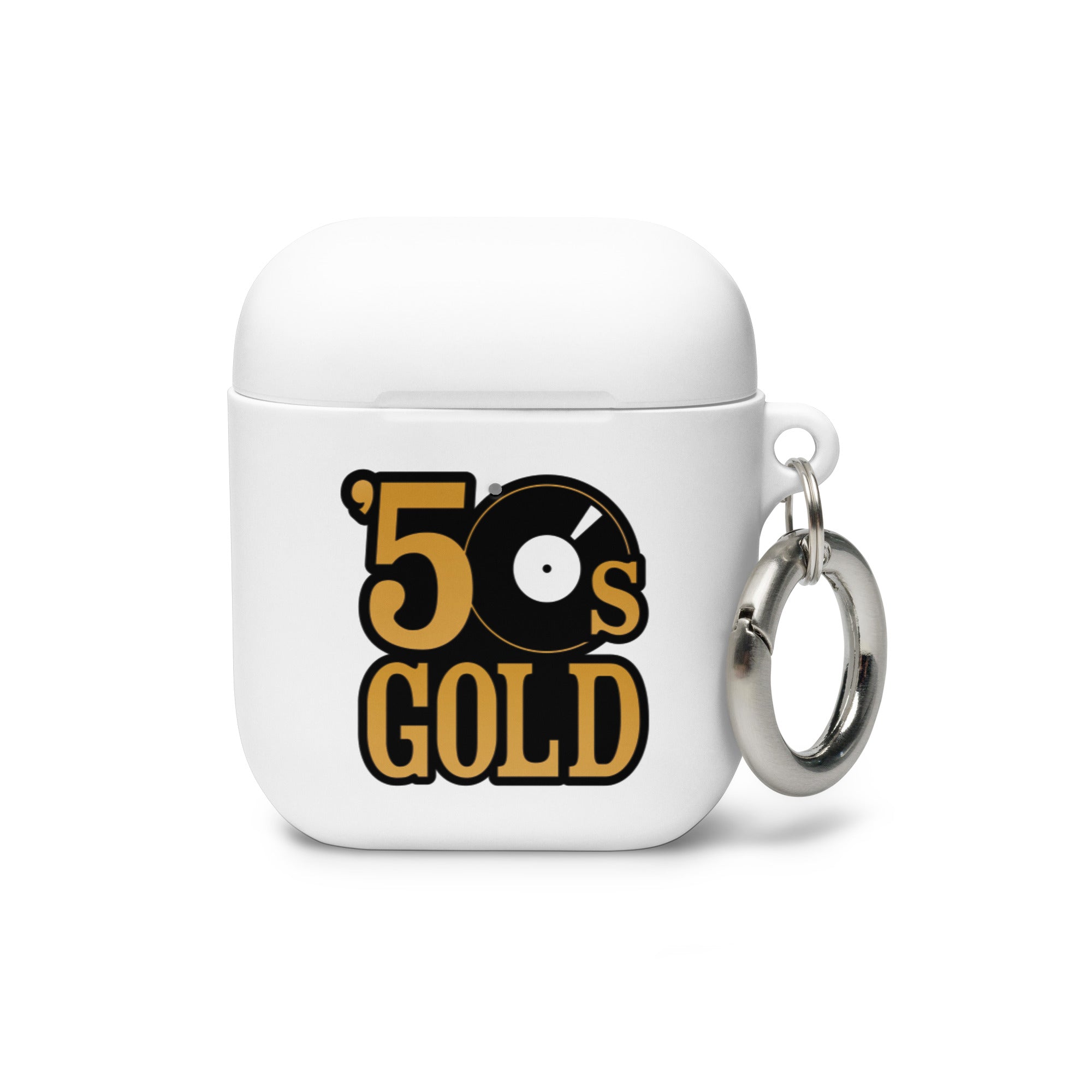 A white AirPods case featuring a retro '50s Gold' vinyl record design and silver keychain attachment.