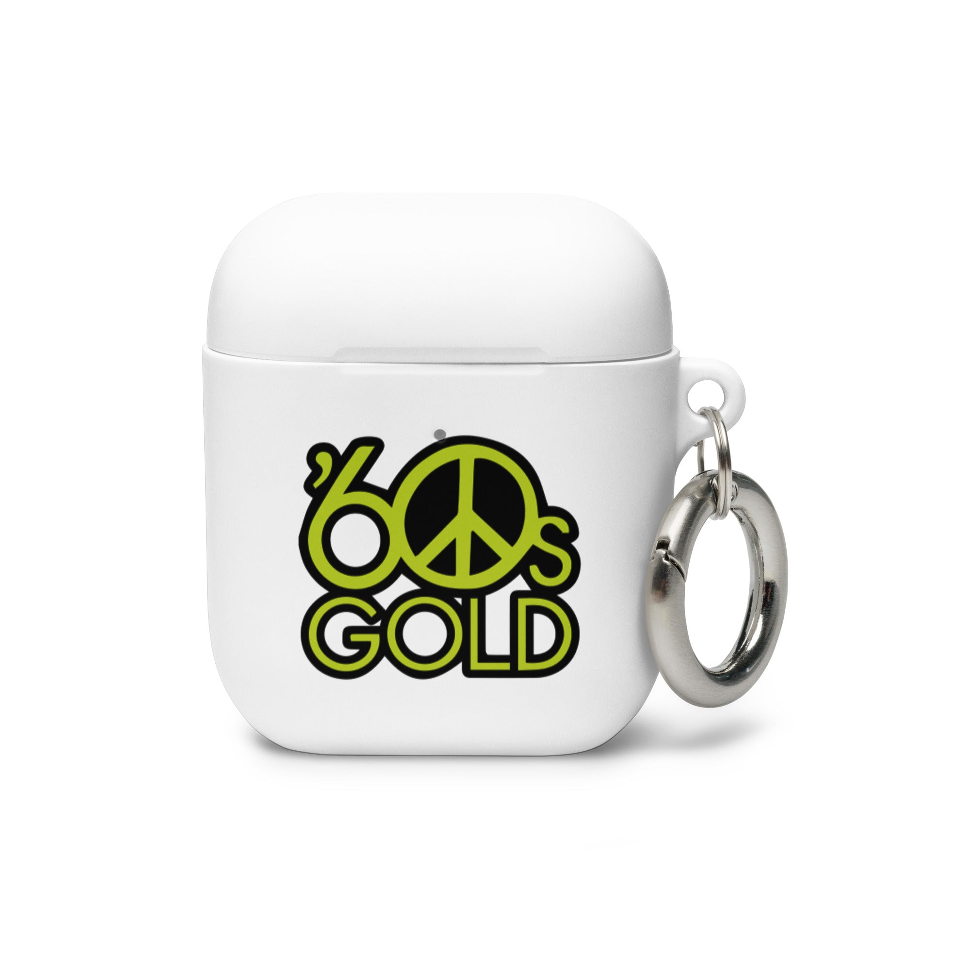 White AirPods case with a green '60s GOLD' design and peace symbol and silver keychain attachment.
