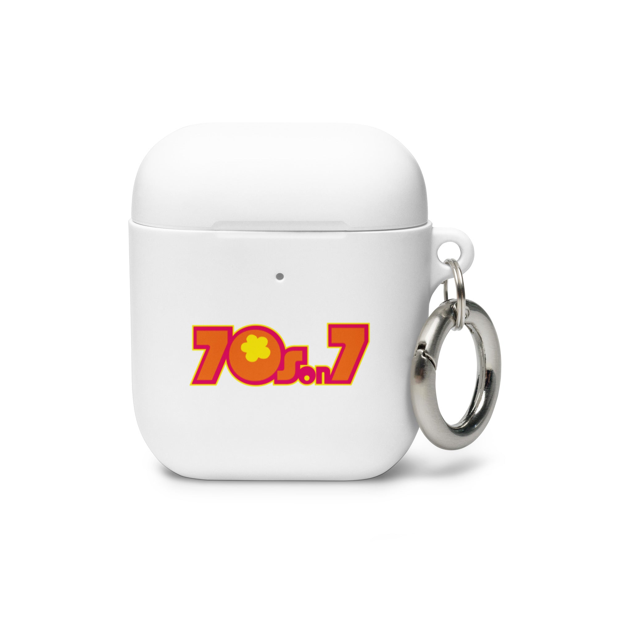 White AirPods case with a colorful logo reading '70s on 7' and a metal keychain attached.