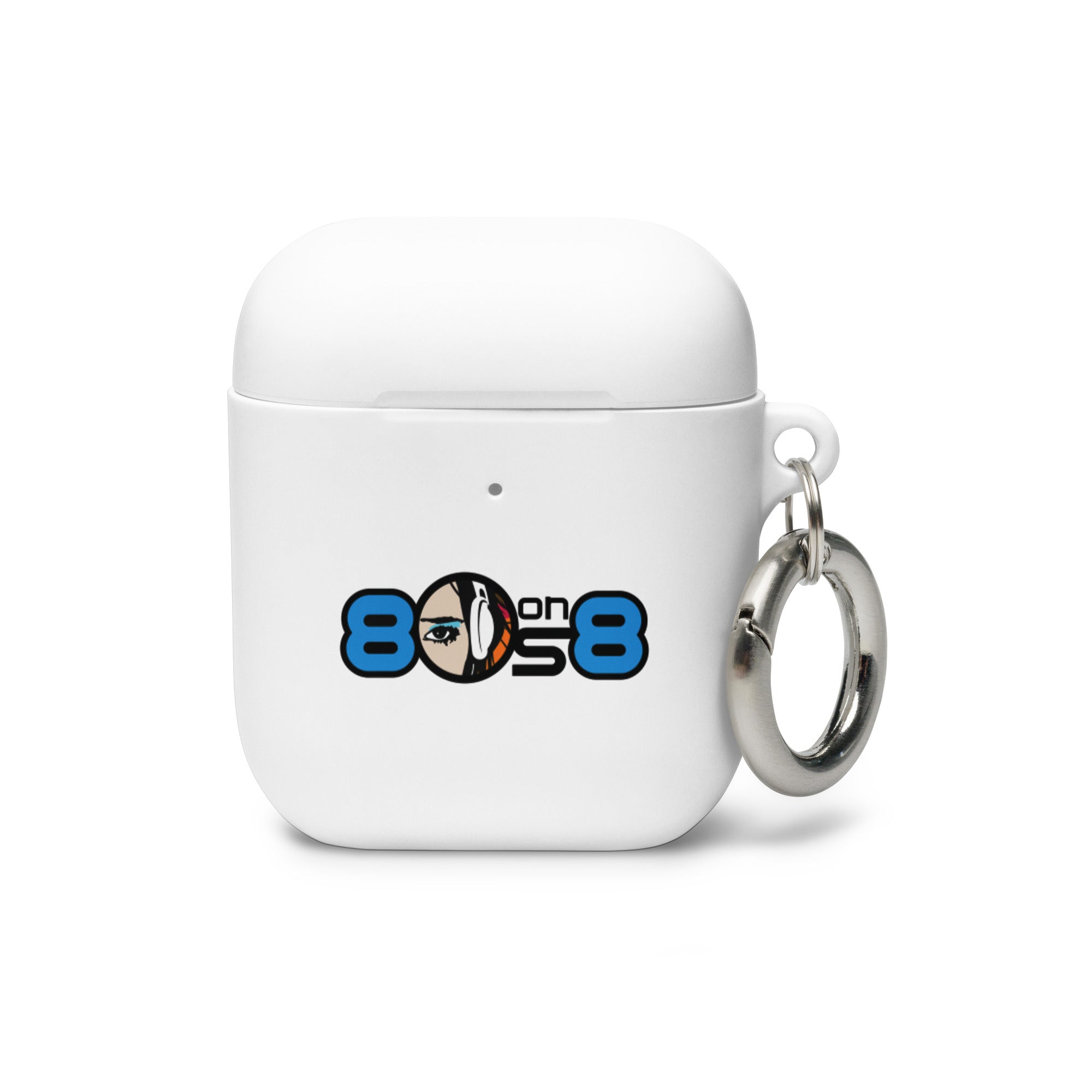 White AirPods case with a colorful logo reading '80s on 8' and a metallic keychain attachment.